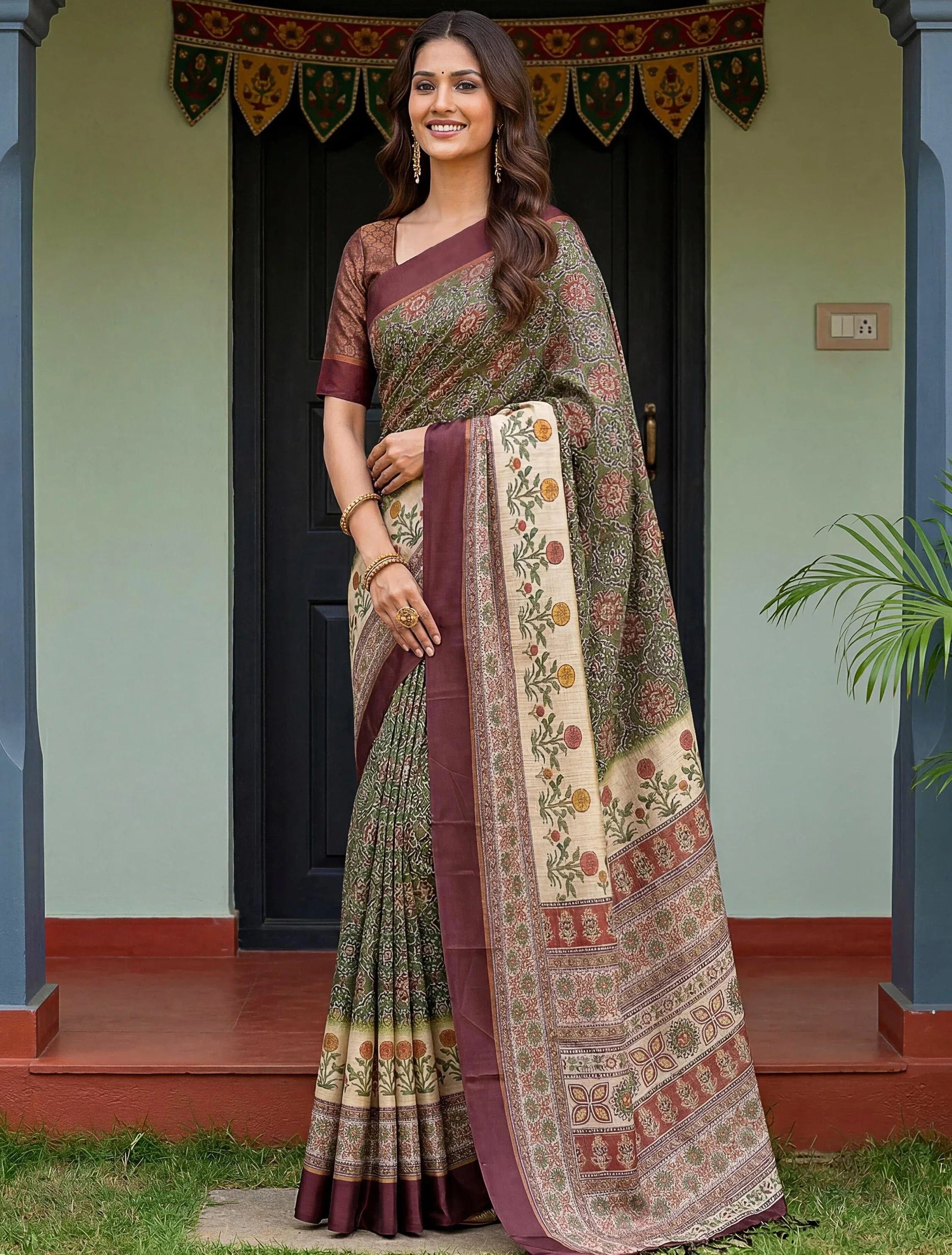 Precious Green Digital Printed Silk Marriage Wear Saree With Blouse