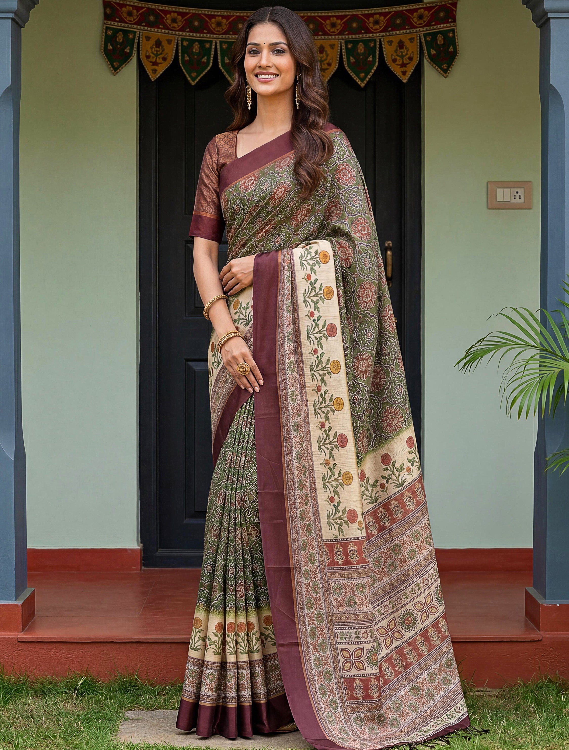 Precious Green Digital Printed Silk Marriage Wear Saree With Blouse