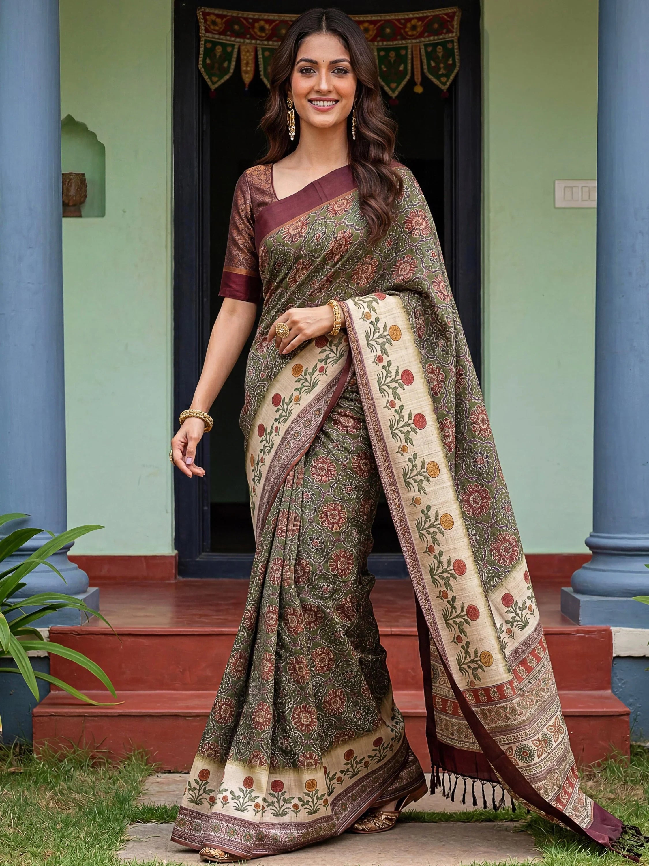 Precious Green Digital Printed Silk Marriage Wear Saree With Blouse