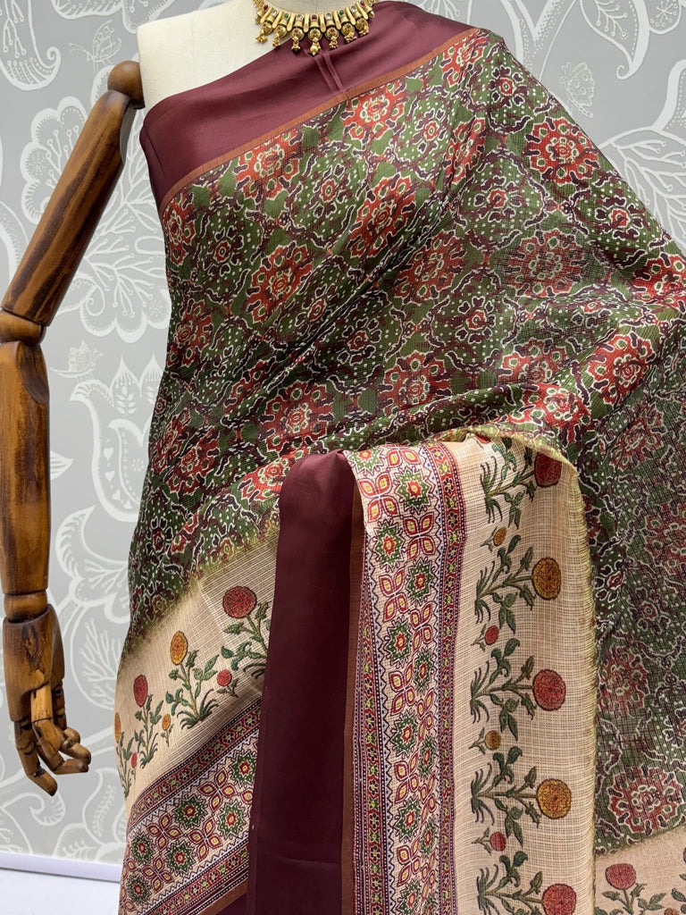 Precious Green Digital Printed Silk Marriage Wear Saree With Blouse