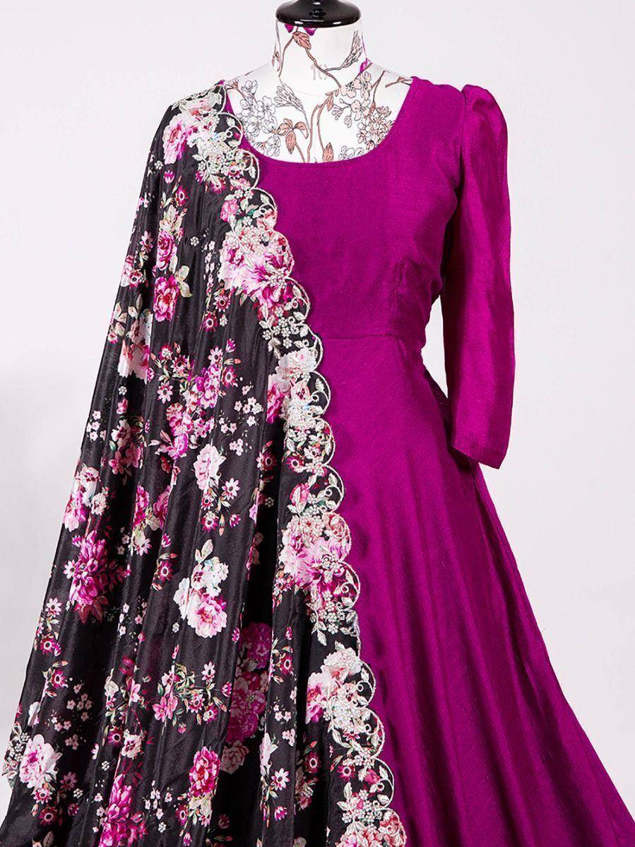 Magenta ethnic gown with floral dupatta, perfect for Indian occasions and festive wear
