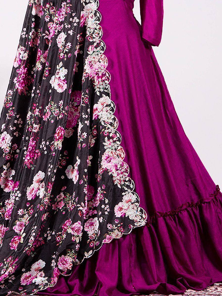 Purple ethnic gown with black floral dupatta, perfect for Indian weddings and parties