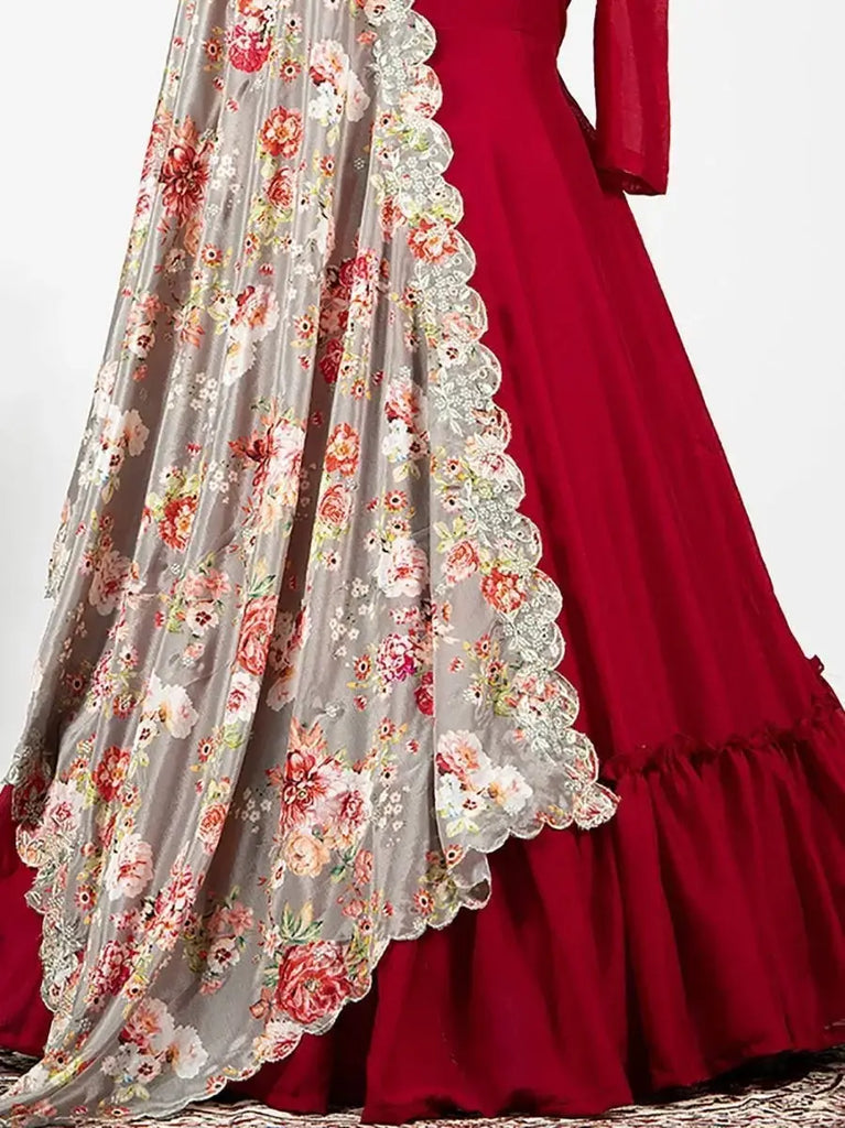 Ravishing Red Party Wear Silk Gown With Printed Dupatta