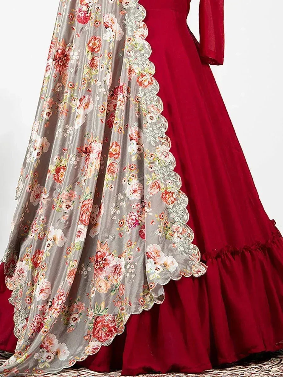 Red designer lehenga choli with floral dupatta, ethnic wear for women