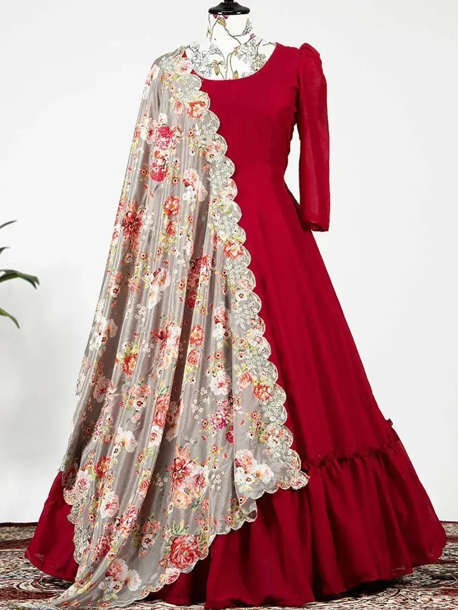 Red ethnic gown with floral dupatta, perfect for Indian weddings and festive occasions