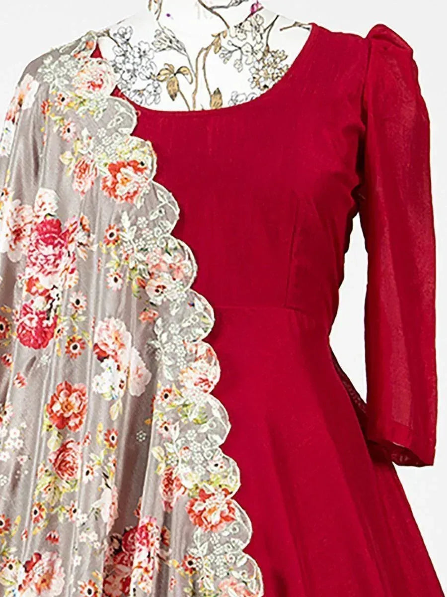 Red ethnic gown with floral dupatta, designer Indian wear for women