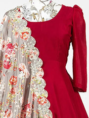 Ravishing Red Party Wear Silk Gown With Printed Dupatta