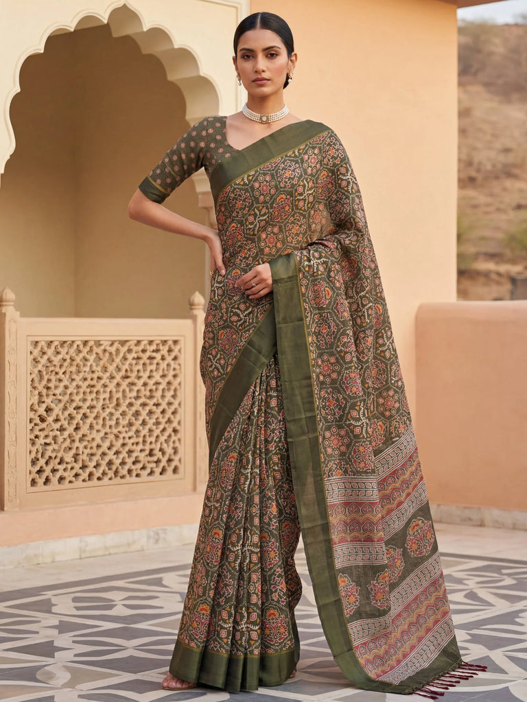 Glorious Olive Green Printed Silk Wedding Wear Saree With Blouse