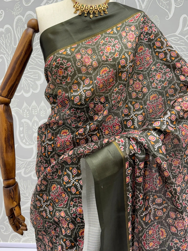 Glorious Olive Green Printed Silk Wedding Wear Saree With Blouse