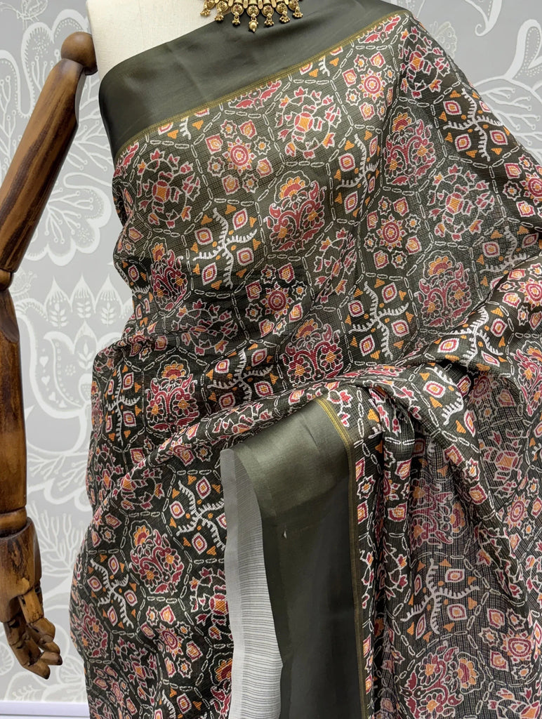 Glorious Olive Green Printed Silk Wedding Wear Saree With Blouse