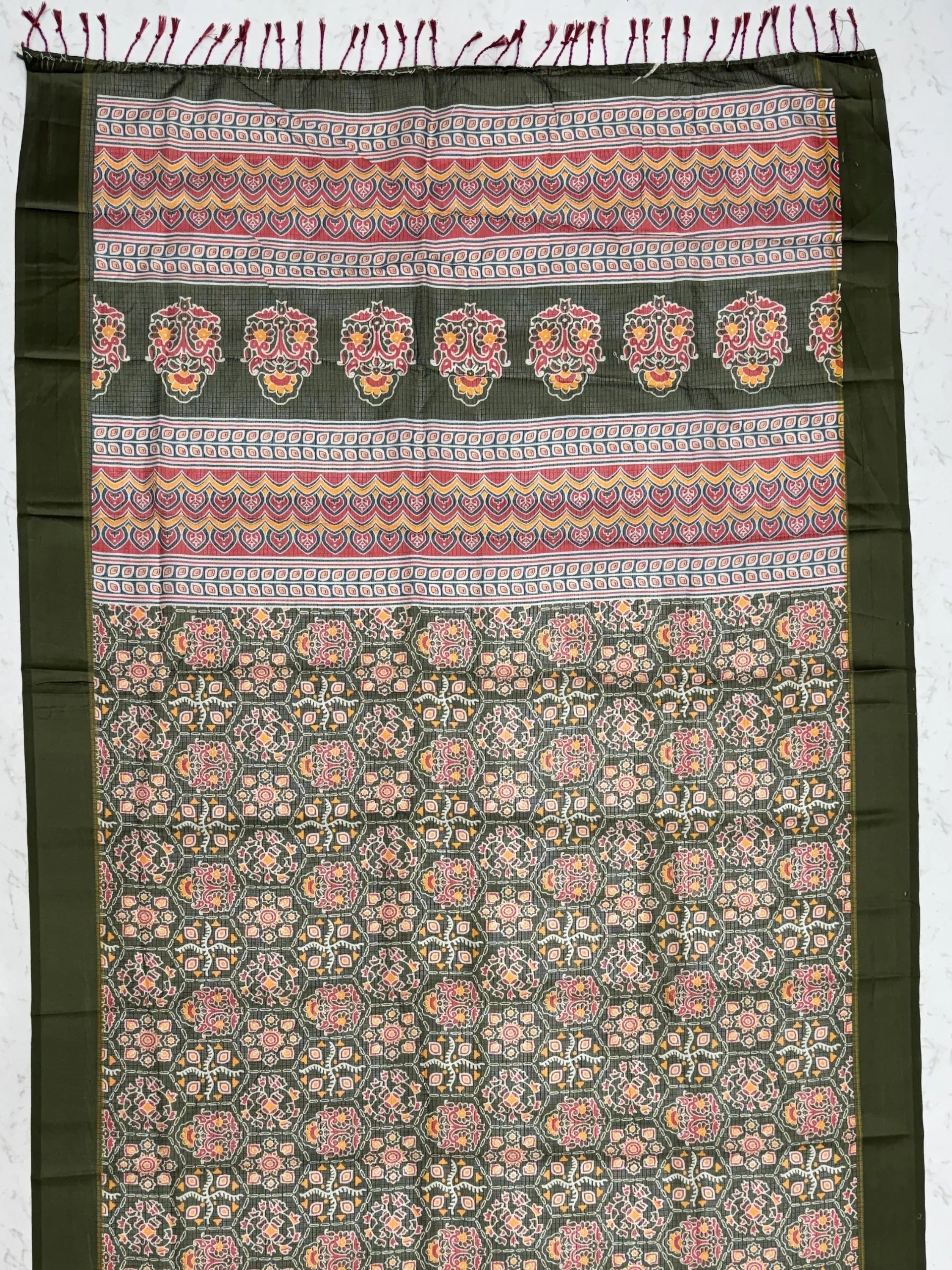 Glorious Olive Green Printed Silk Wedding Wear Saree With Blouse