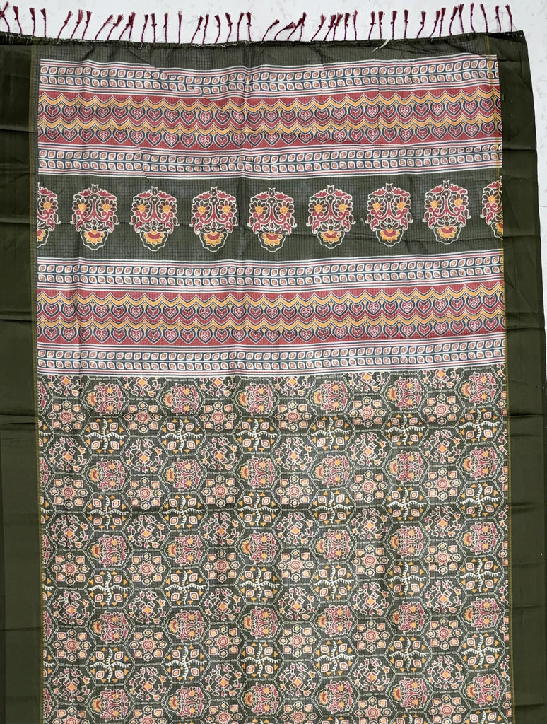 Glorious Olive Green Printed Silk Wedding Wear Saree With Blouse