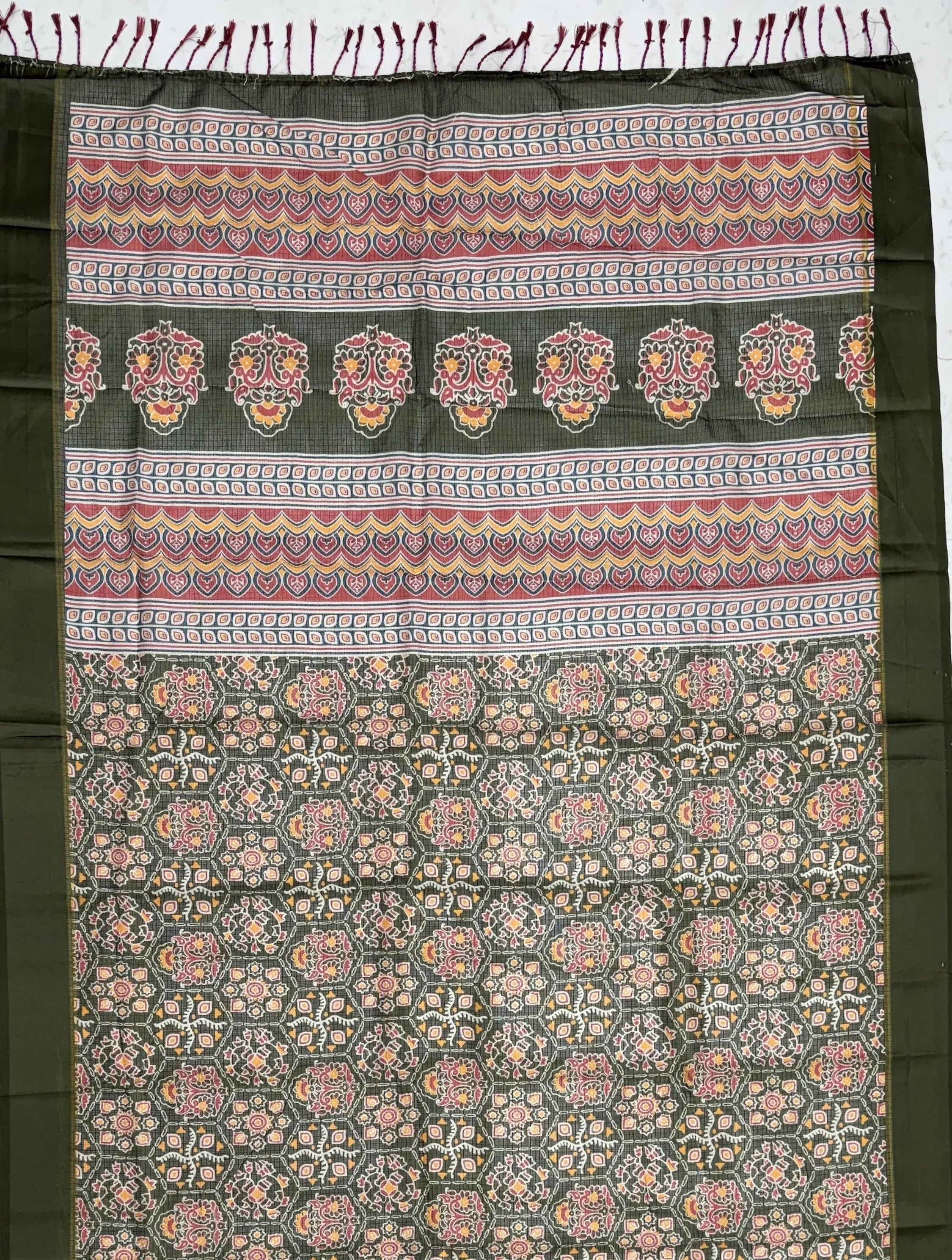 Glorious Olive Green Printed Silk Wedding Wear Saree With Blouse