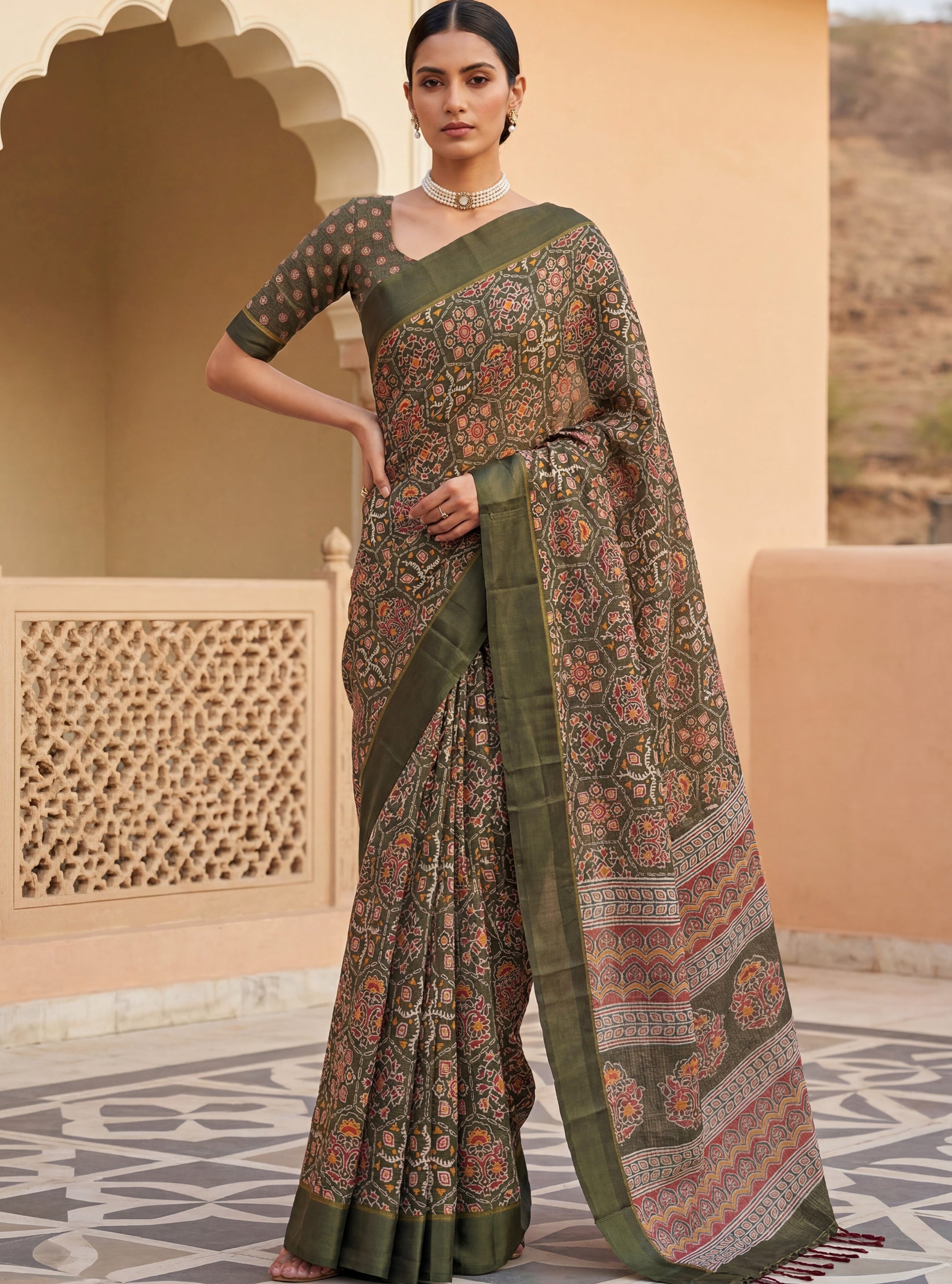 Glorious Olive Green Printed Silk Wedding Wear Saree With Blouse