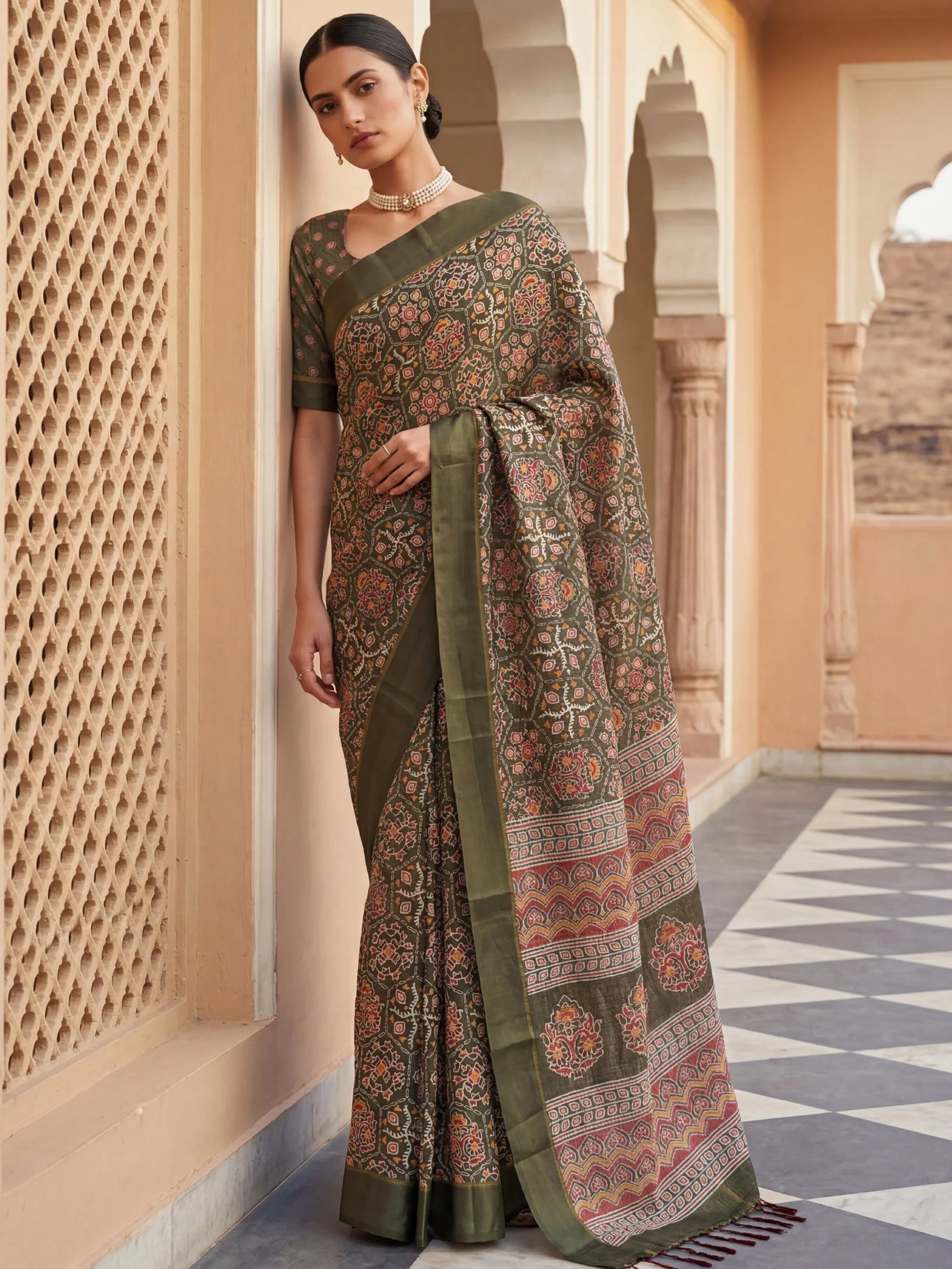 Glorious Olive Green Printed Silk Wedding Wear Saree With Blouse