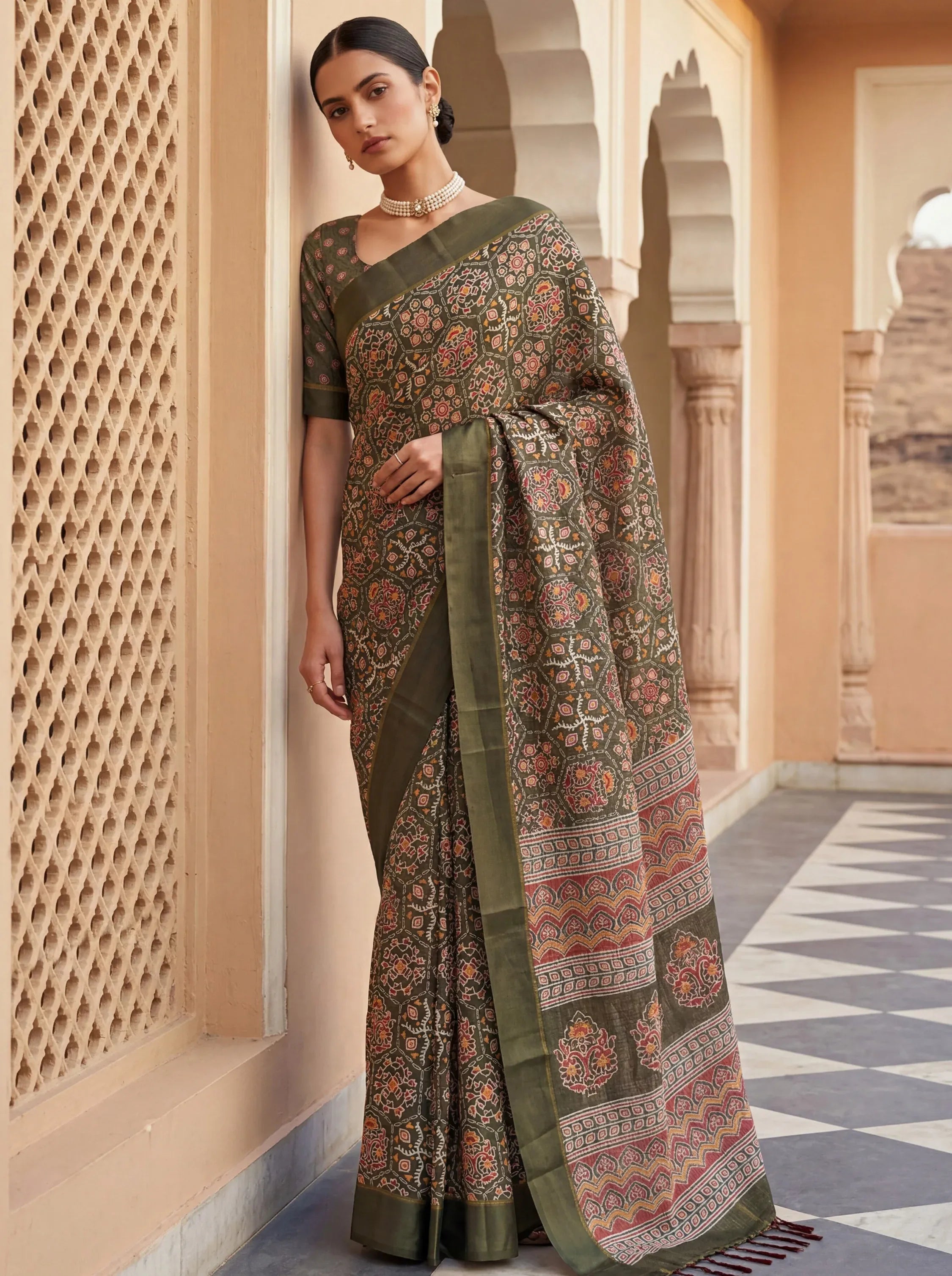 Glorious Olive Green Printed Silk Wedding Wear Saree With Blouse