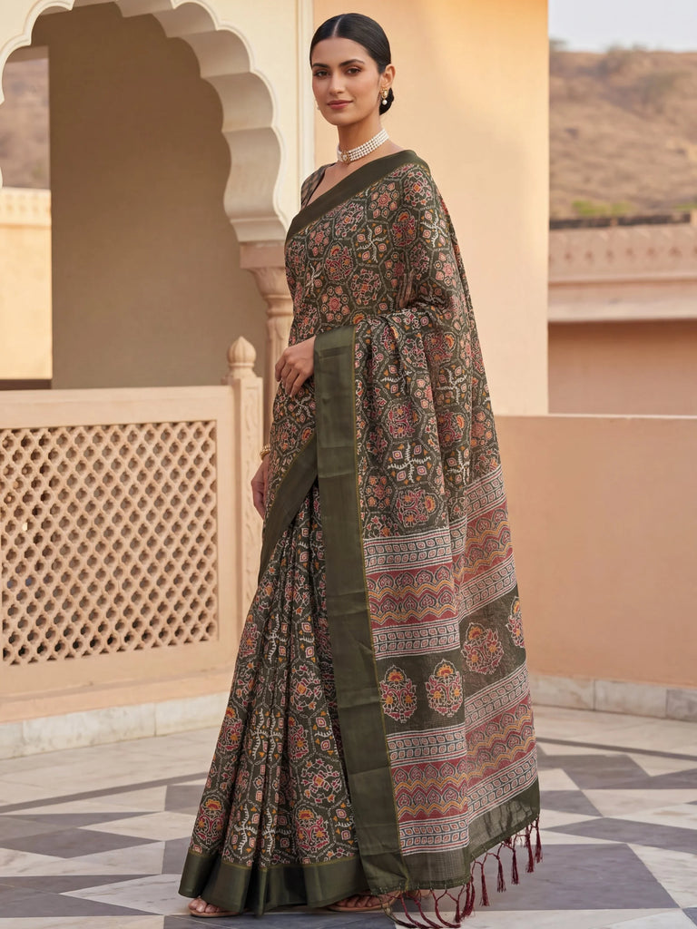 Glorious Olive Green Printed Silk Wedding Wear Saree With Blouse