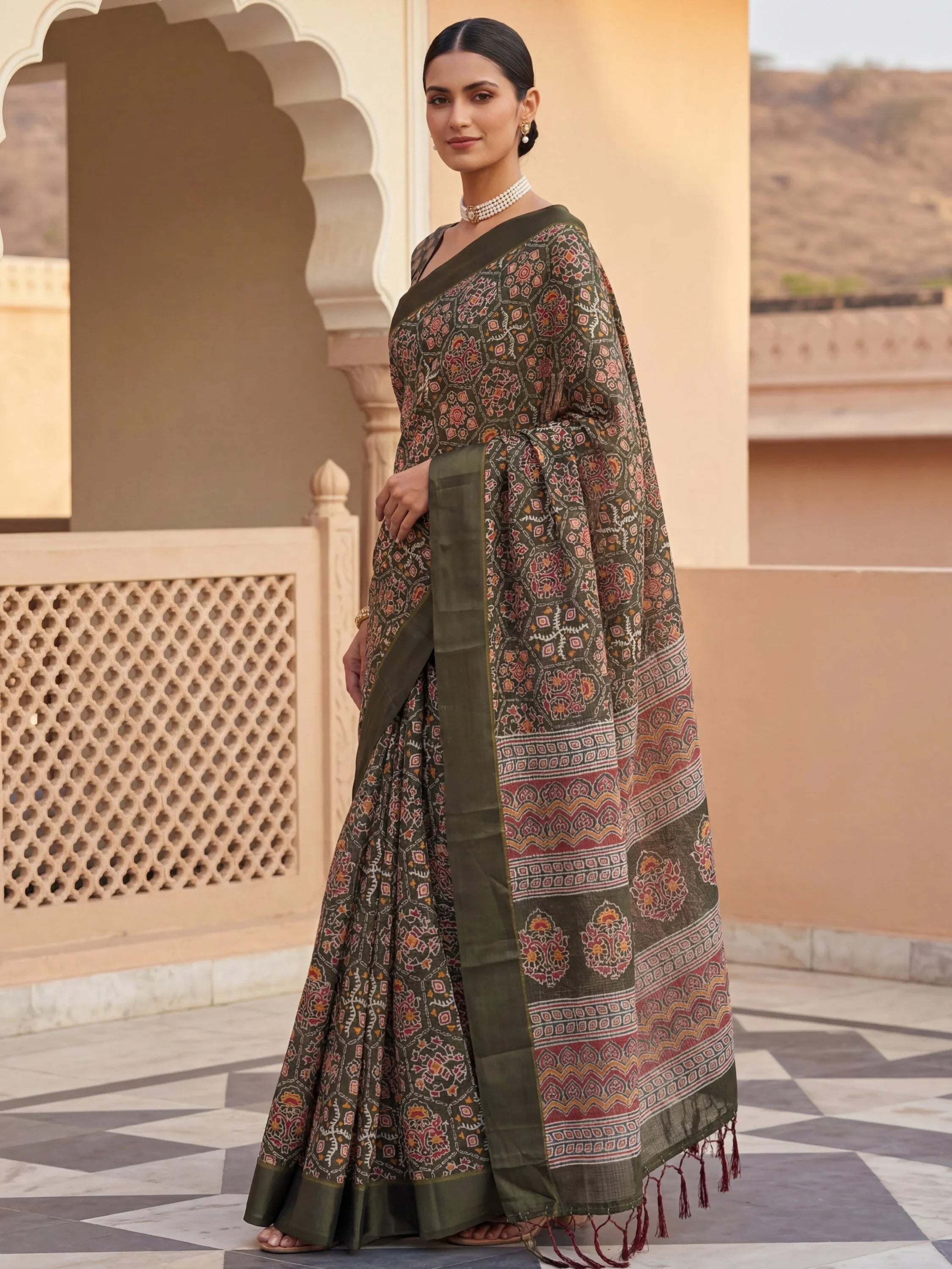 Glorious Olive Green Printed Silk Wedding Wear Saree With Blouse