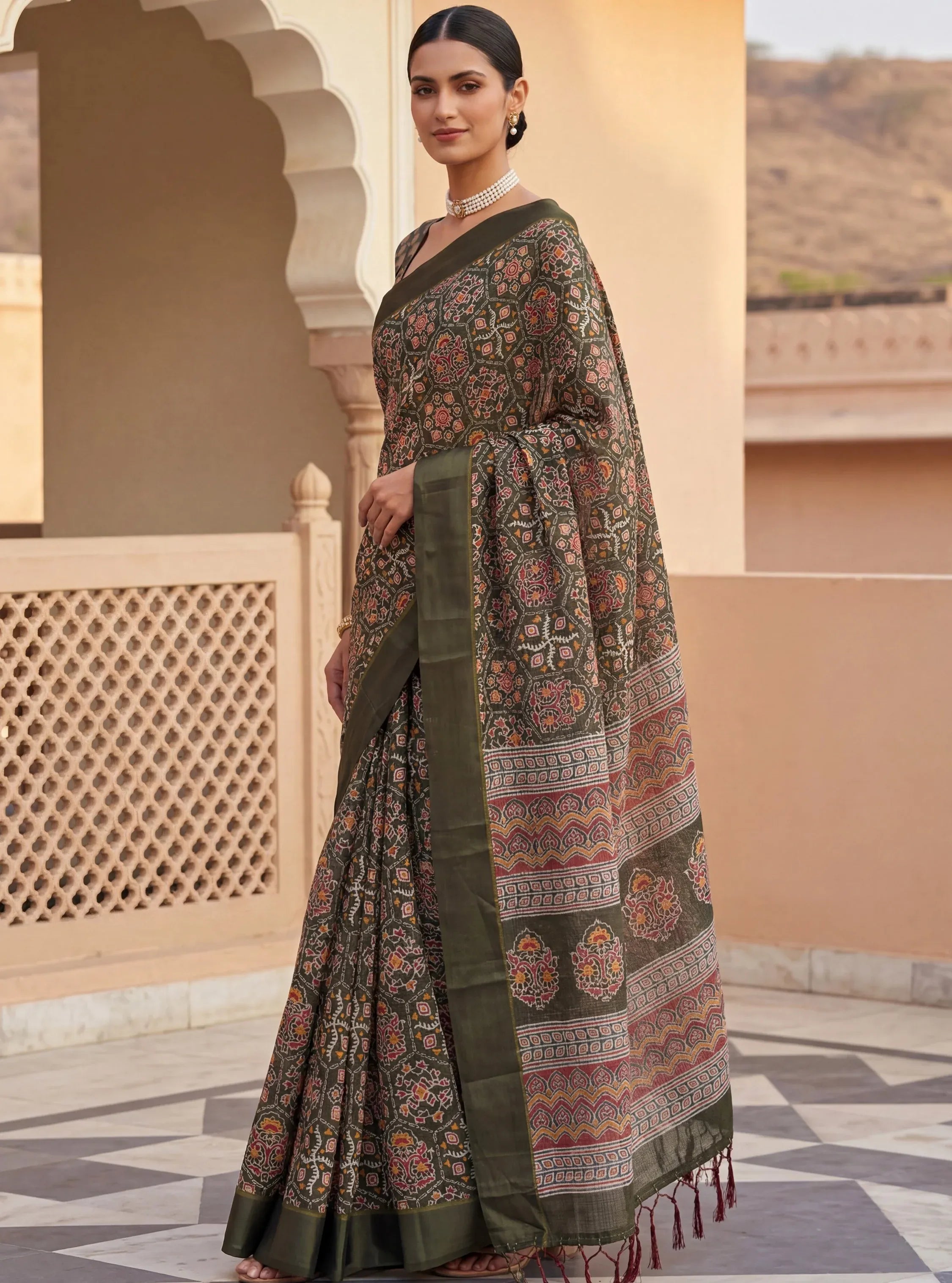 Glorious Olive Green Printed Silk Wedding Wear Saree With Blouse