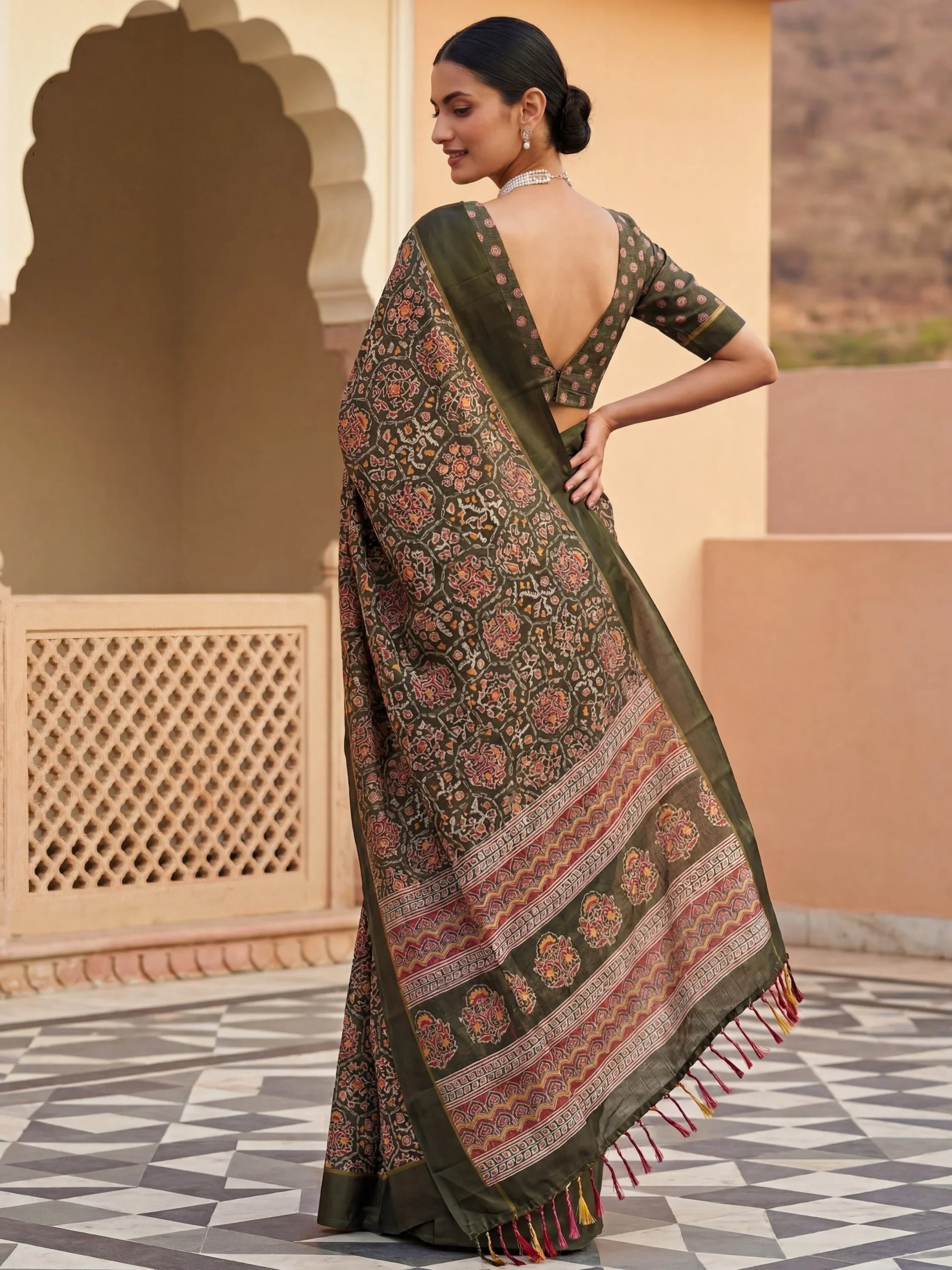 Glorious Olive Green Printed Silk Wedding Wear Saree With Blouse