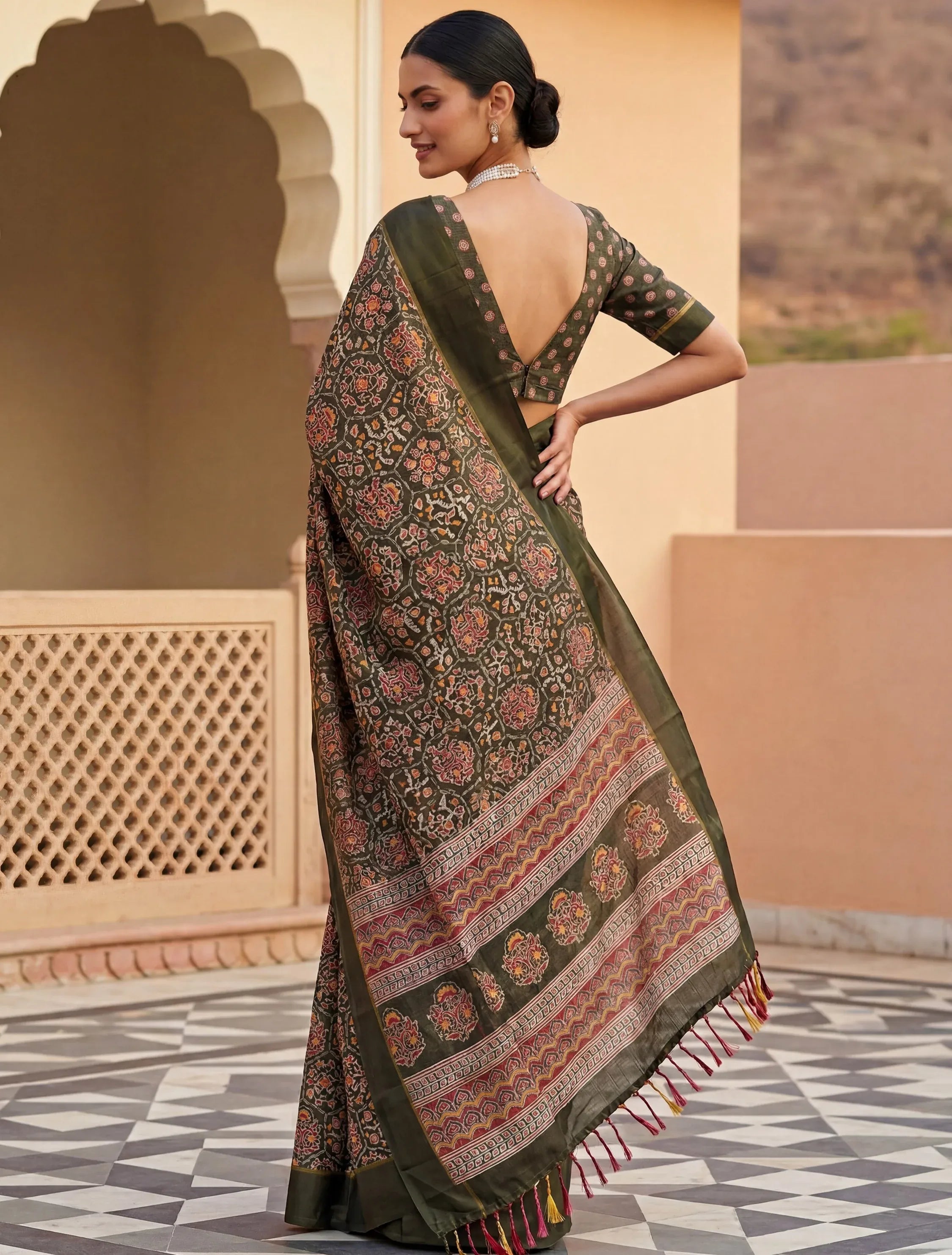 Glorious Olive Green Printed Silk Wedding Wear Saree With Blouse