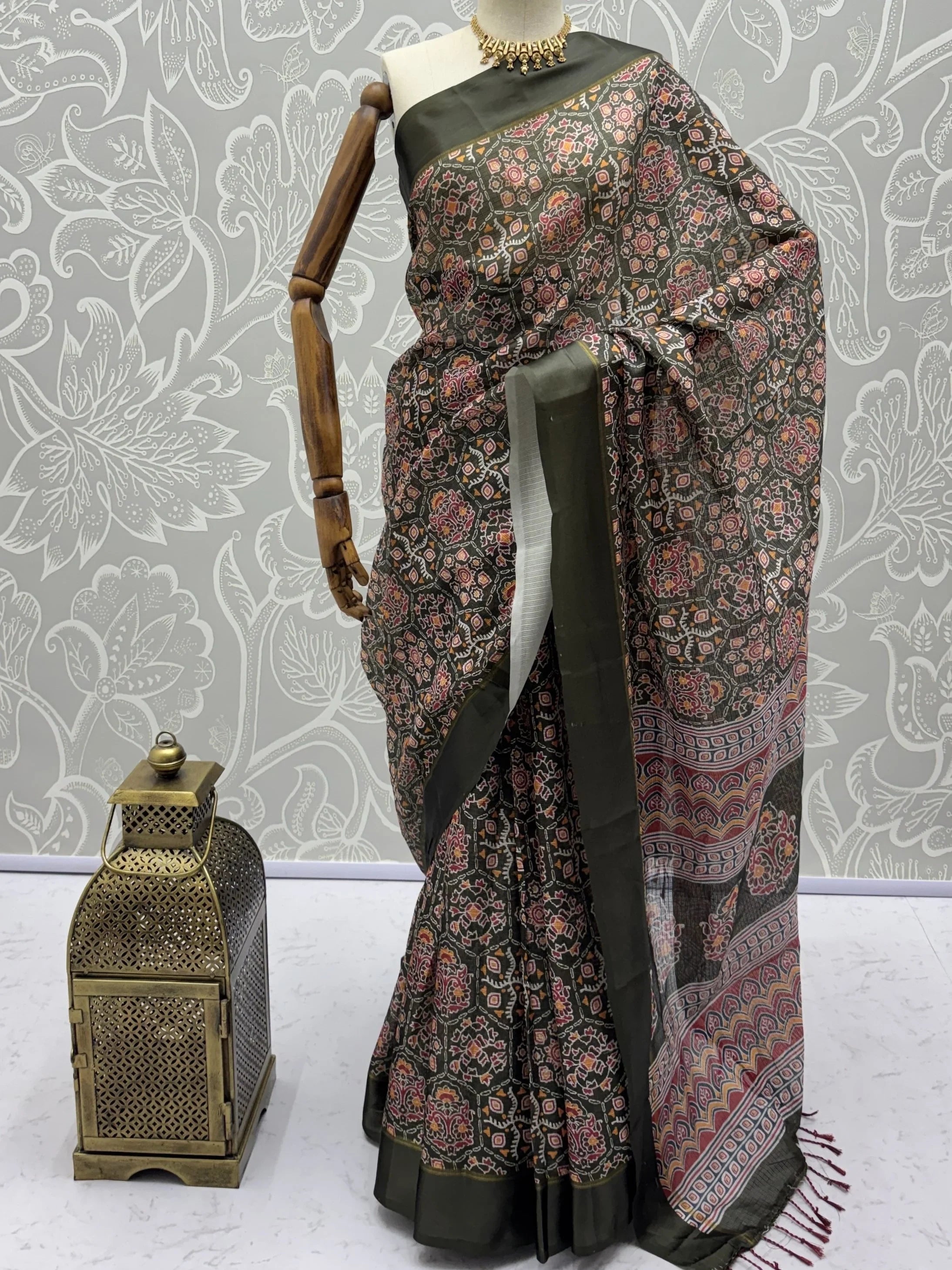 Glorious Olive Green Printed Silk Wedding Wear Saree With Blouse