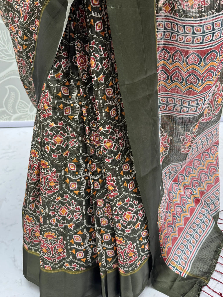 Glorious Olive Green Printed Silk Wedding Wear Saree With Blouse