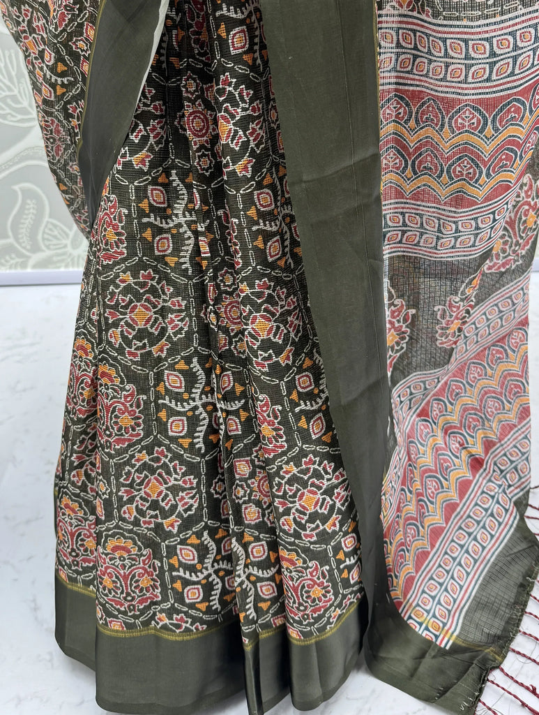 Glorious Olive Green Printed Silk Wedding Wear Saree With Blouse