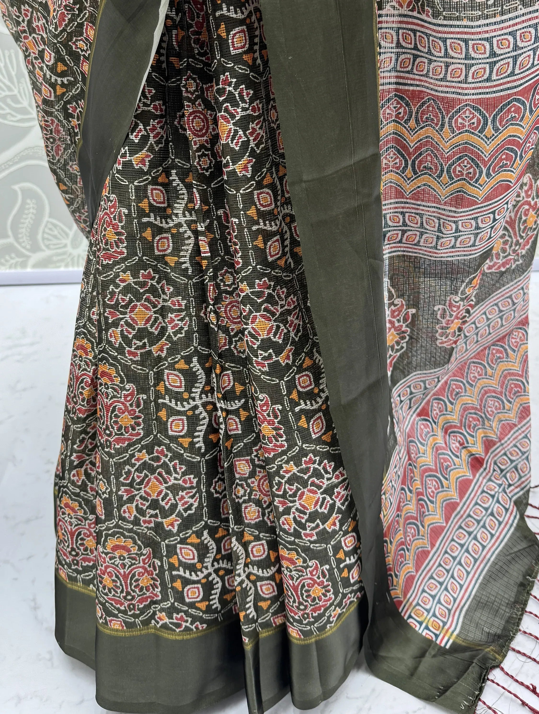 Glorious Olive Green Printed Silk Wedding Wear Saree With Blouse