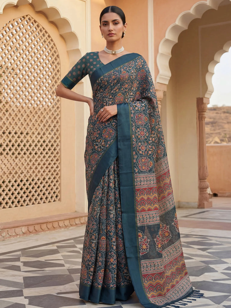 Charming Teal blue Printed Silk Festive Wear Saree With Blouse