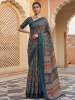Charming Teal Blue Printed Silk Festive Wear Saree With Blouse