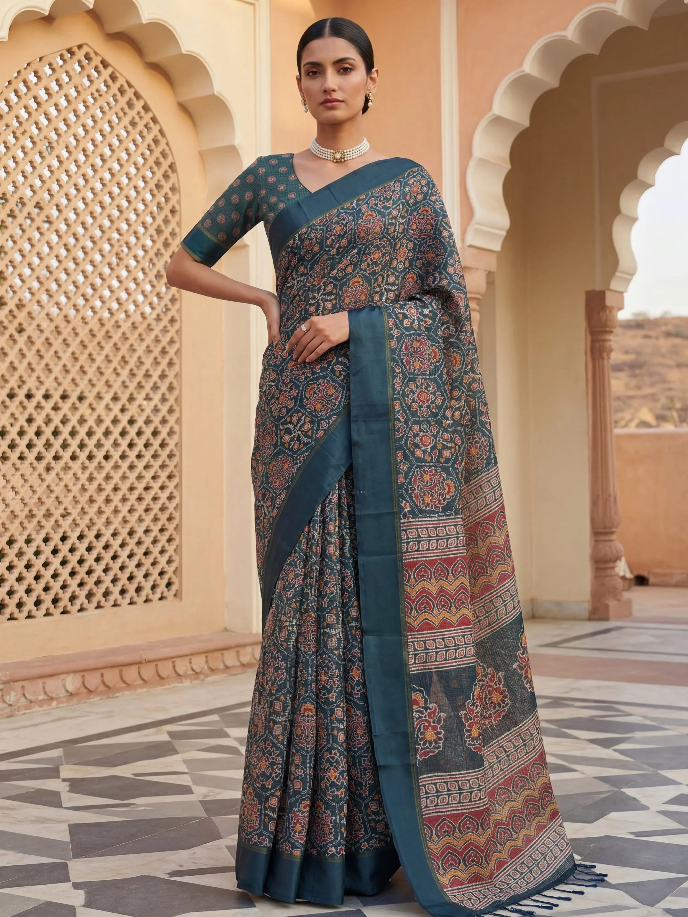 Charming Teal blue Printed Silk Festive Wear Saree With Blouse