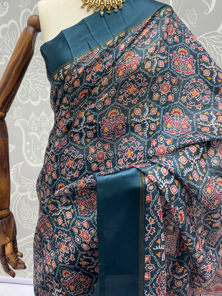 Charming Teal blue Printed Silk Festive Wear Saree With Blouse