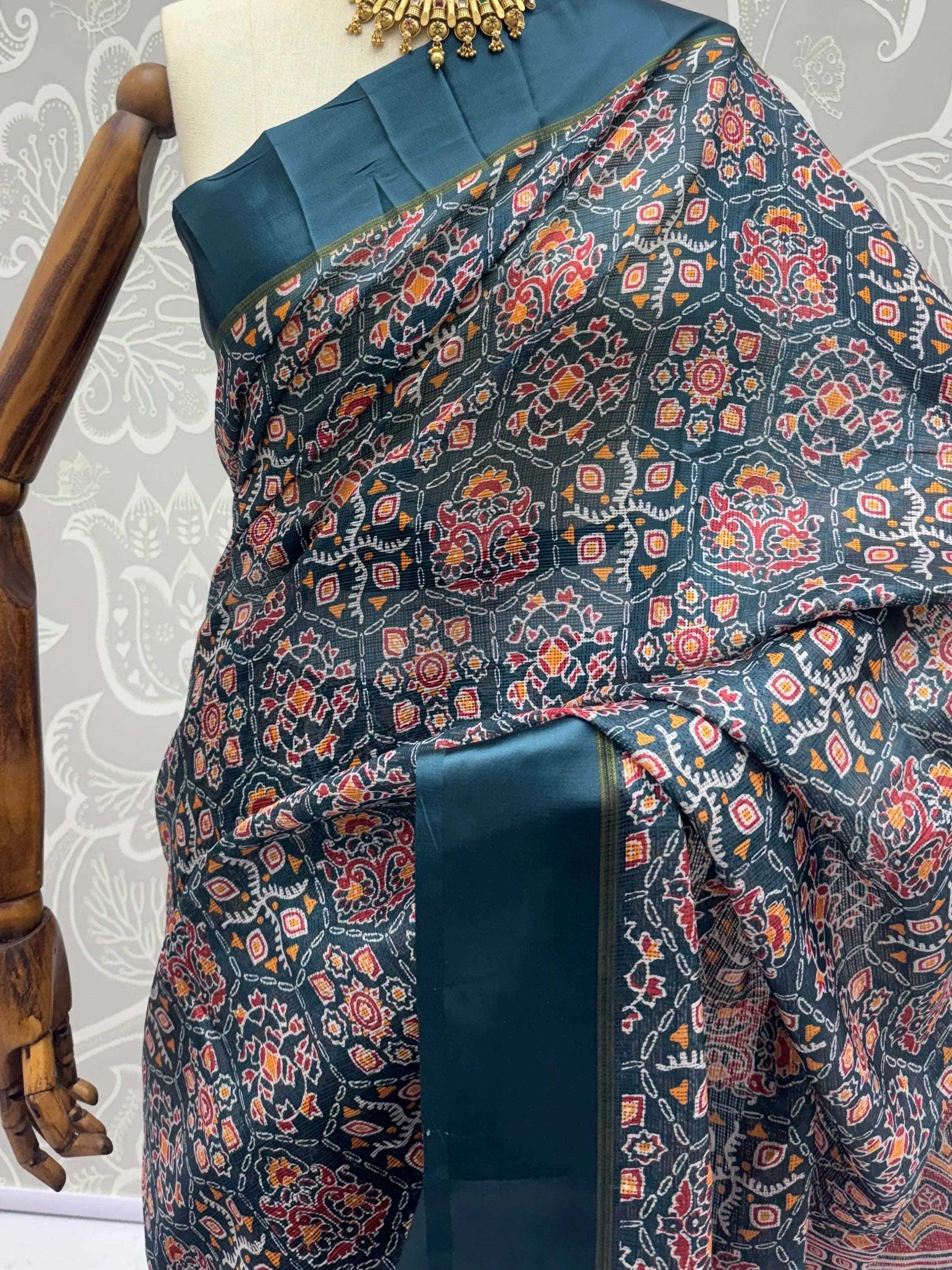 Charming Teal blue Printed Silk Festive Wear Saree With Blouse