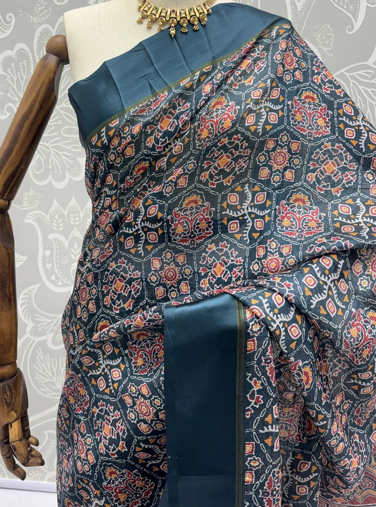 Charming Teal Blue Printed Silk Festive Wear Saree With Blouse