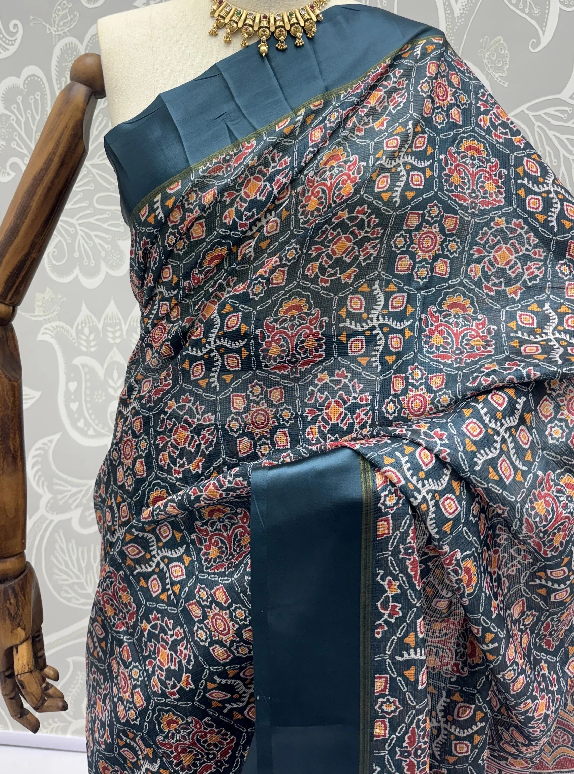 Charming Teal Blue Printed Silk Festive Wear Saree With Blouse