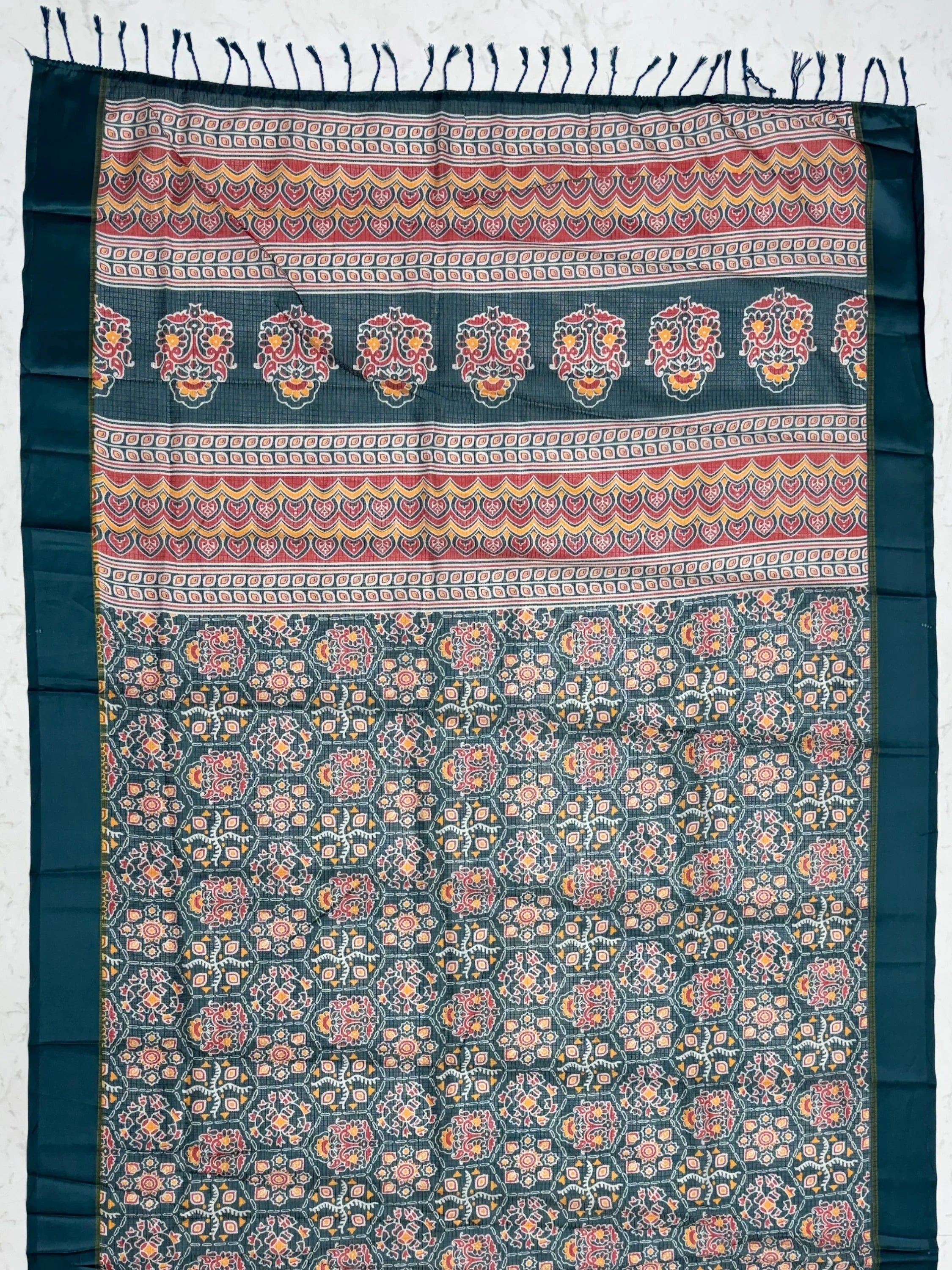 Charming Teal blue Printed Silk Festive Wear Saree With Blouse