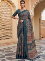 Charming Teal Blue Printed Silk Festive Wear Saree With Blouse