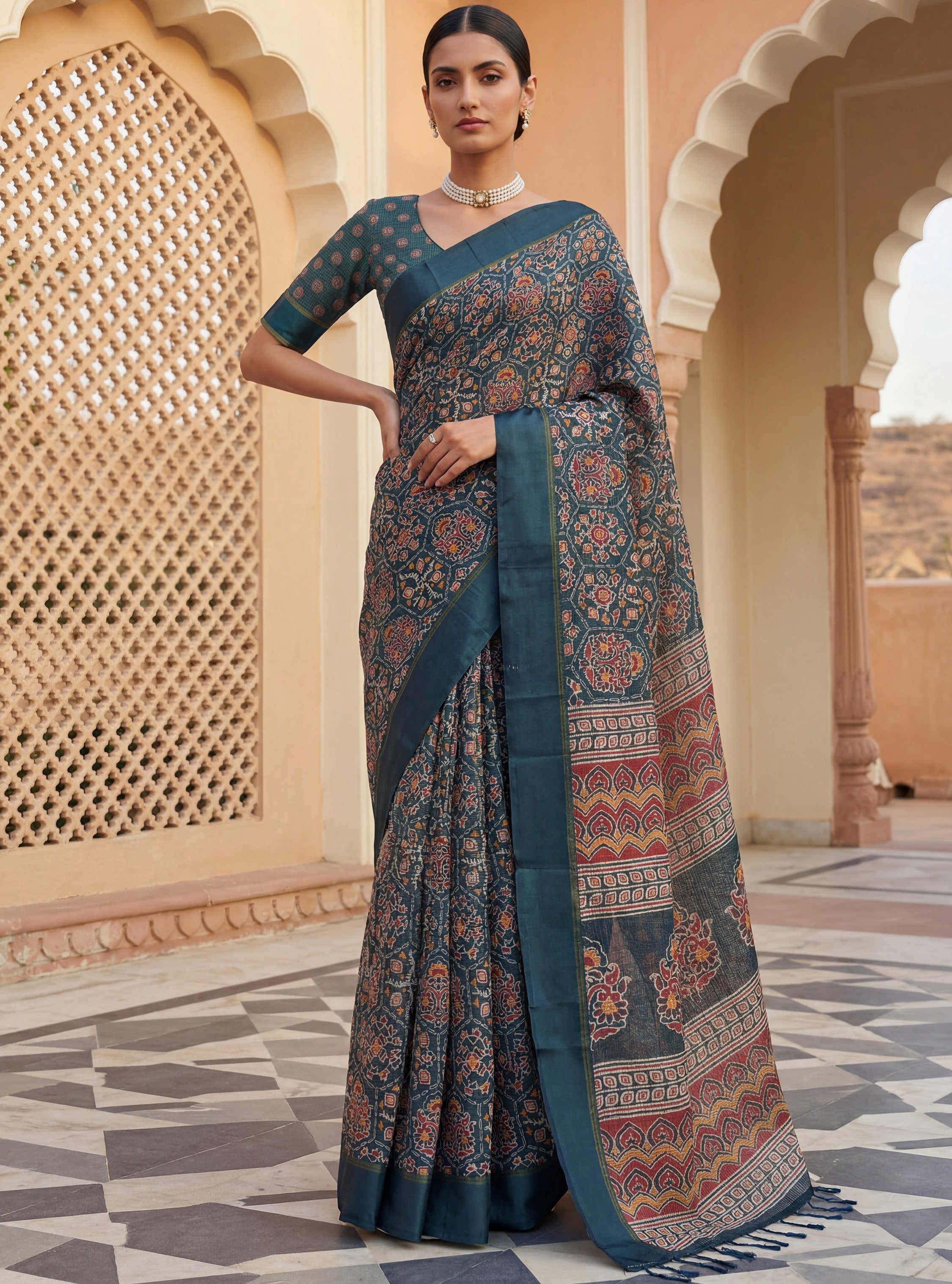 Charming Teal Blue Printed Silk Festive Wear Saree With Blouse