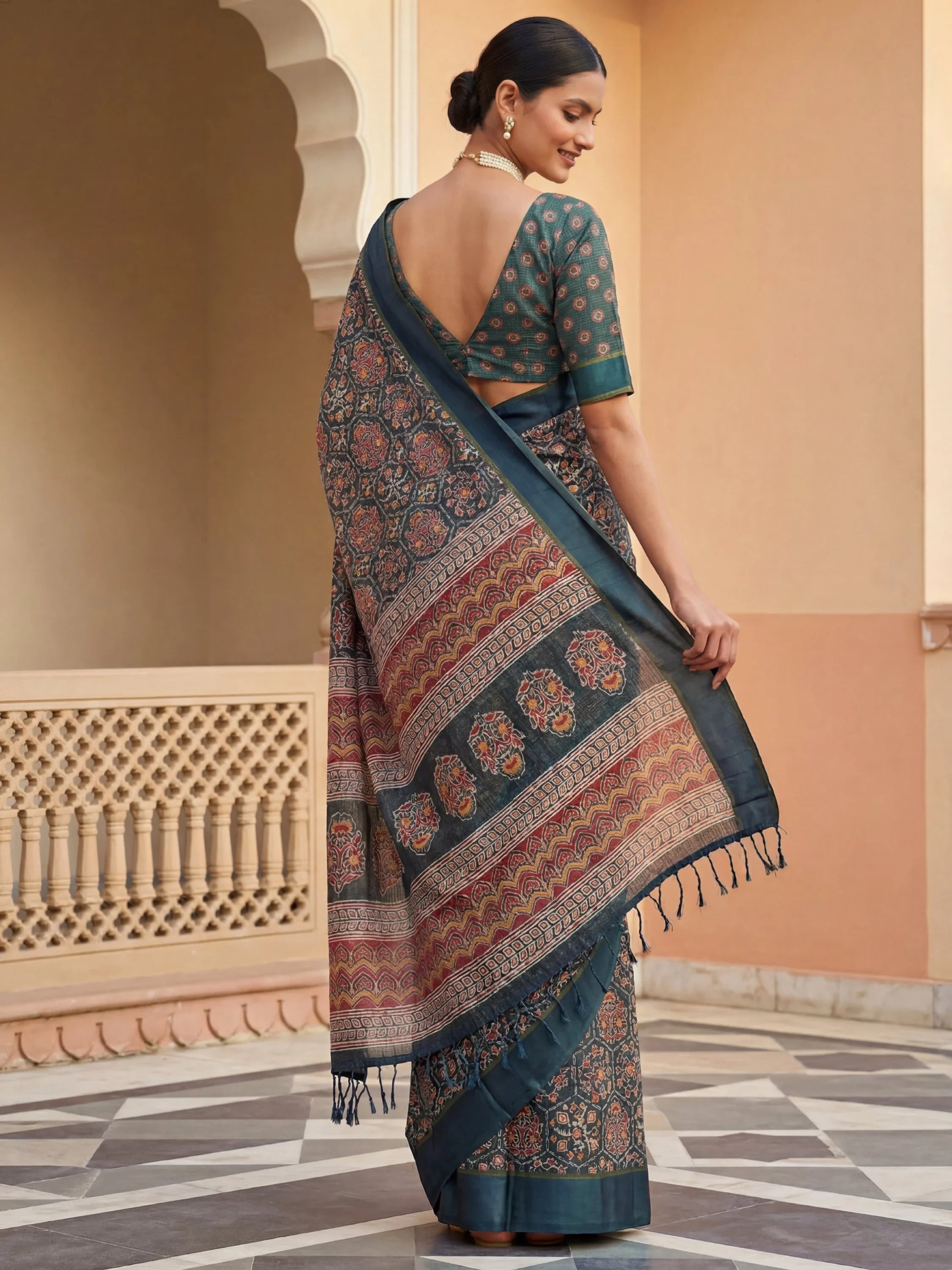 Charming Teal blue Printed Silk Festive Wear Saree With Blouse