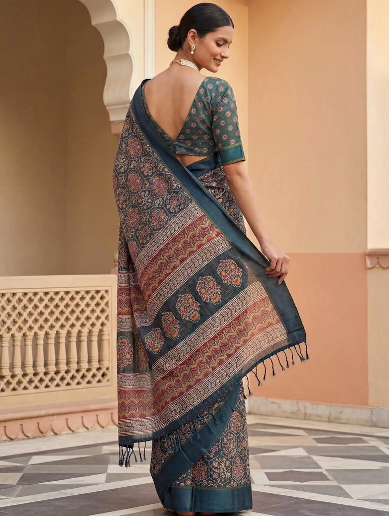 Charming Teal Blue Printed Silk Festive Wear Saree With Blouse