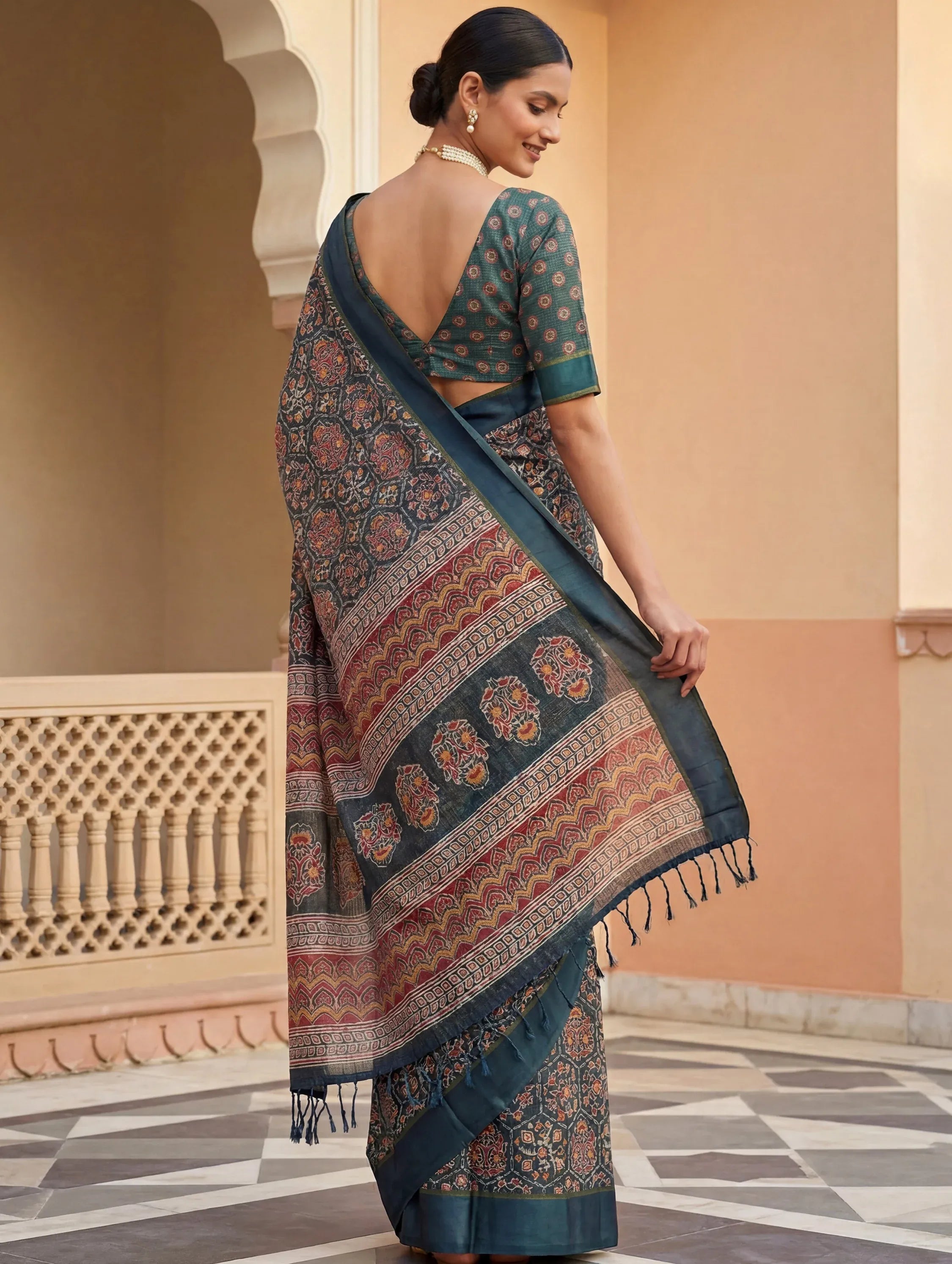 Charming Teal Blue Printed Silk Festive Wear Saree With Blouse