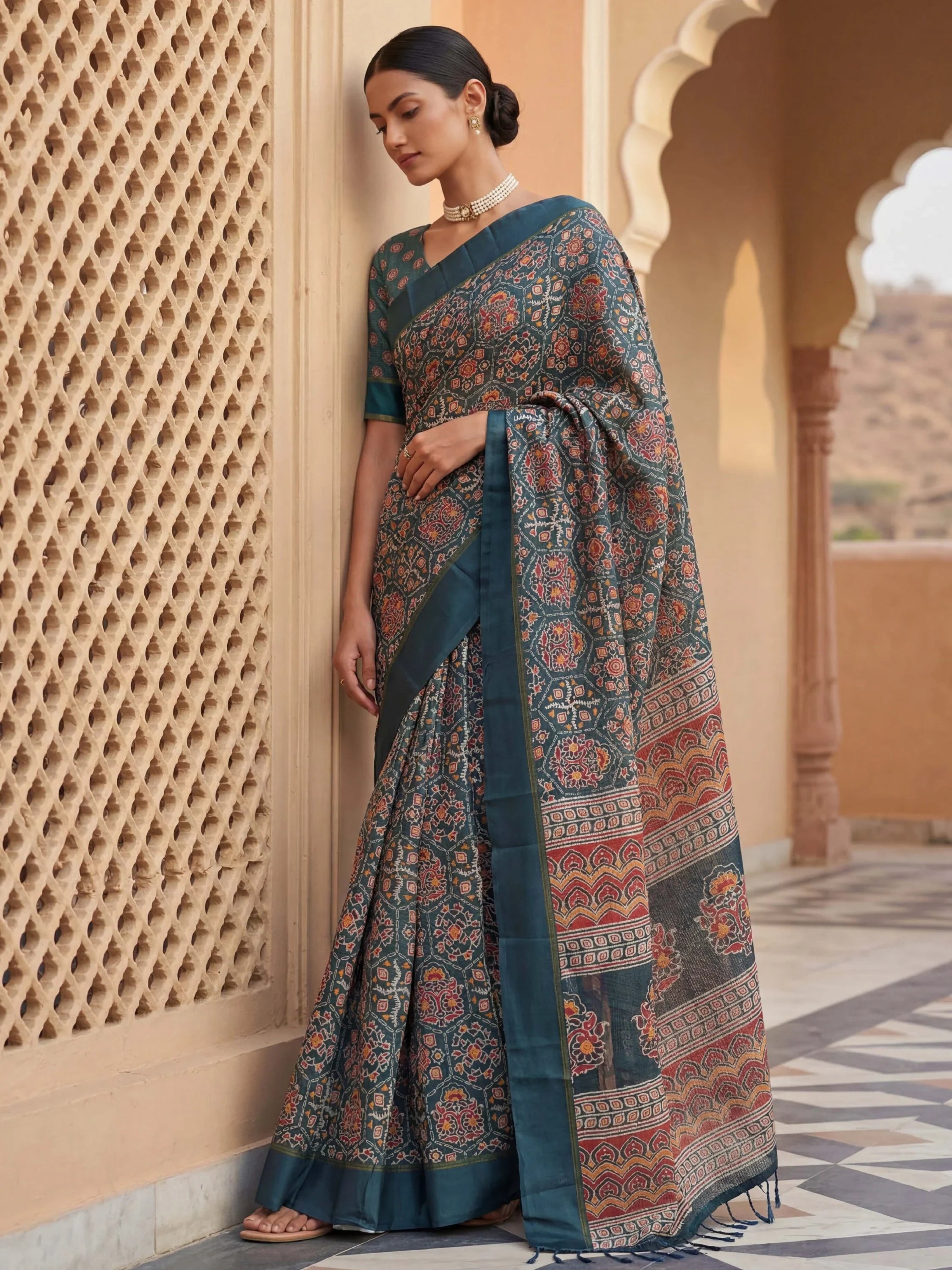 Charming Teal blue Printed Silk Festive Wear Saree With Blouse