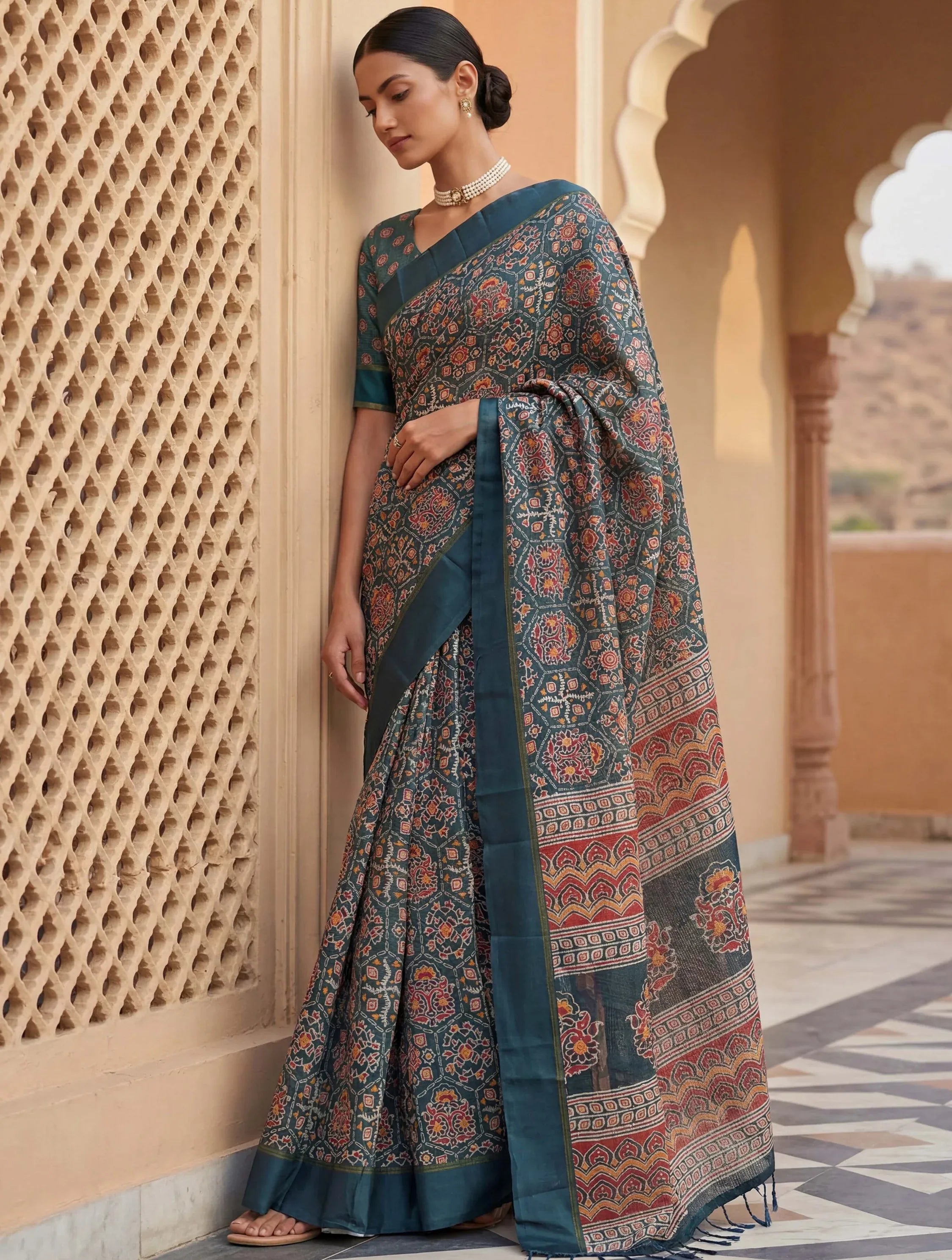 Charming Teal Blue Printed Silk Festive Wear Saree With Blouse