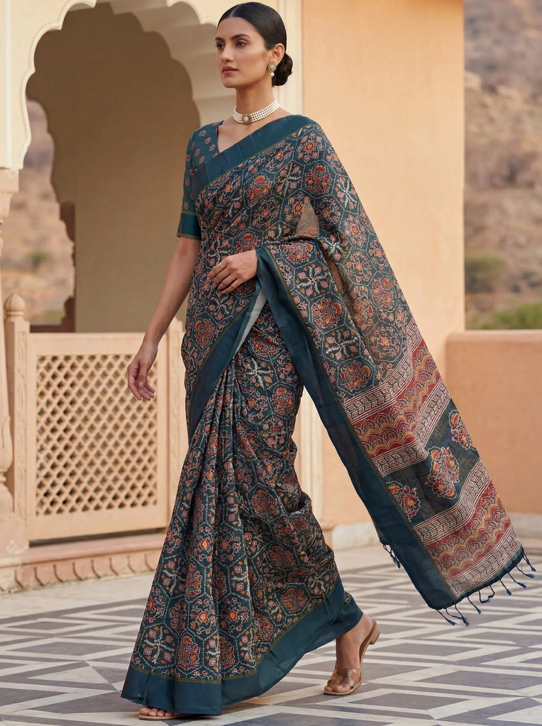 Charming Teal Blue Printed Silk Festive Wear Saree With Blouse