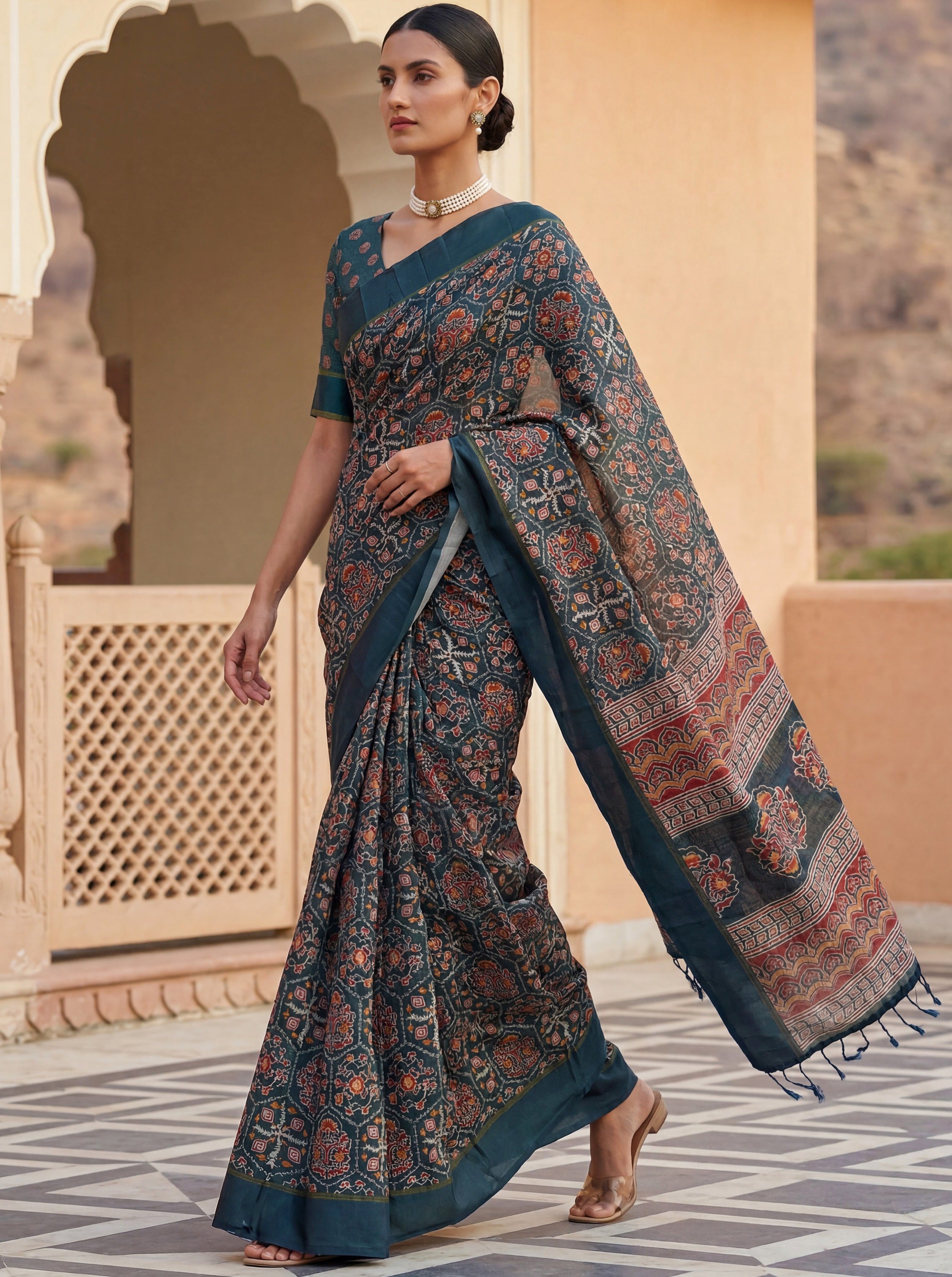 Charming Teal Blue Printed Silk Festive Wear Saree With Blouse