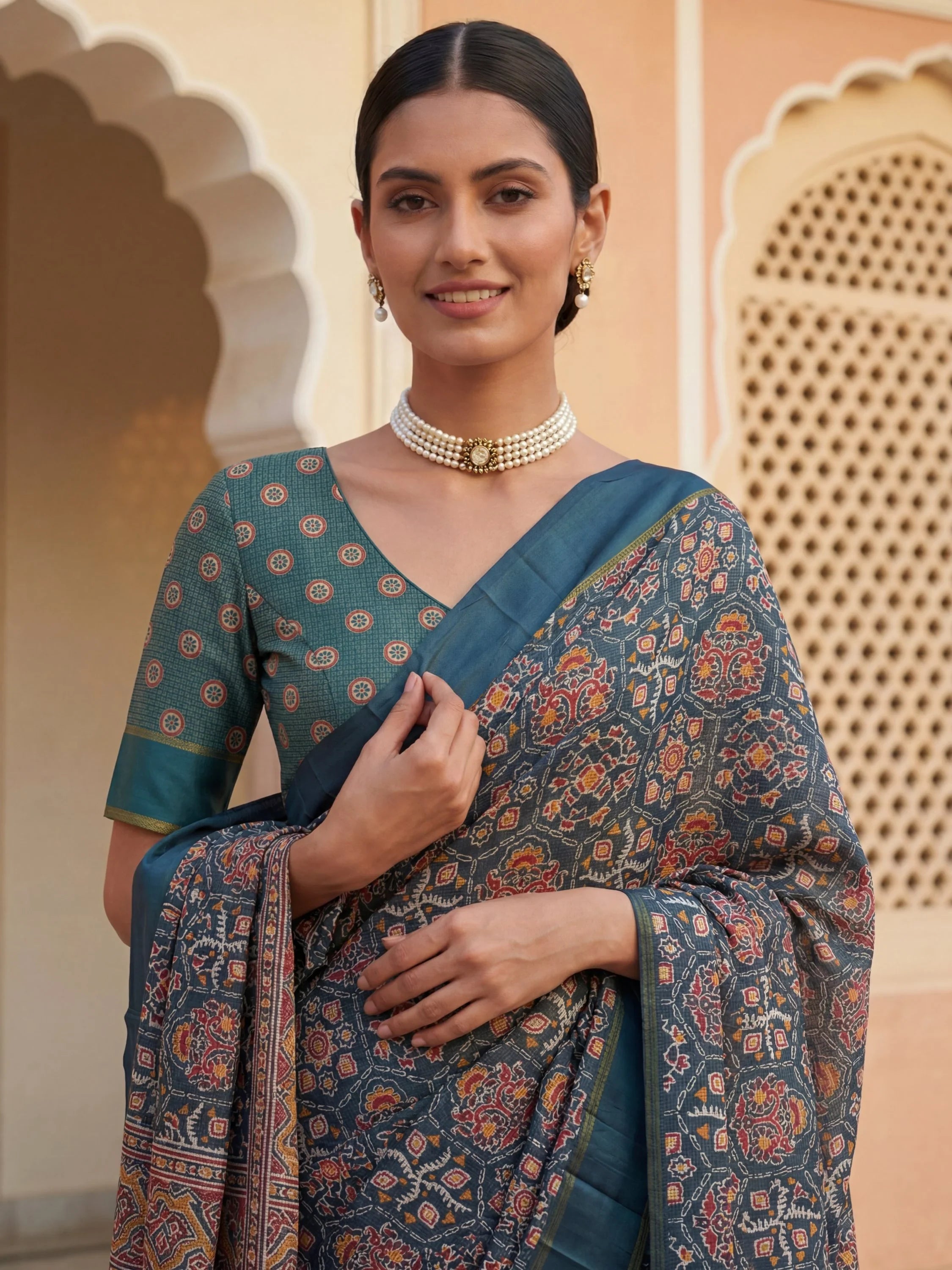 Charming Teal blue Printed Silk Festive Wear Saree With Blouse
