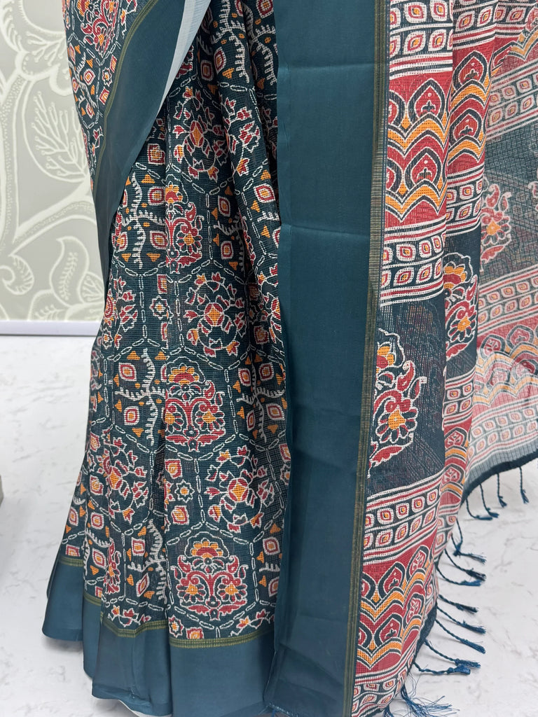 Charming Teal blue Printed Silk Festive Wear Saree With Blouse