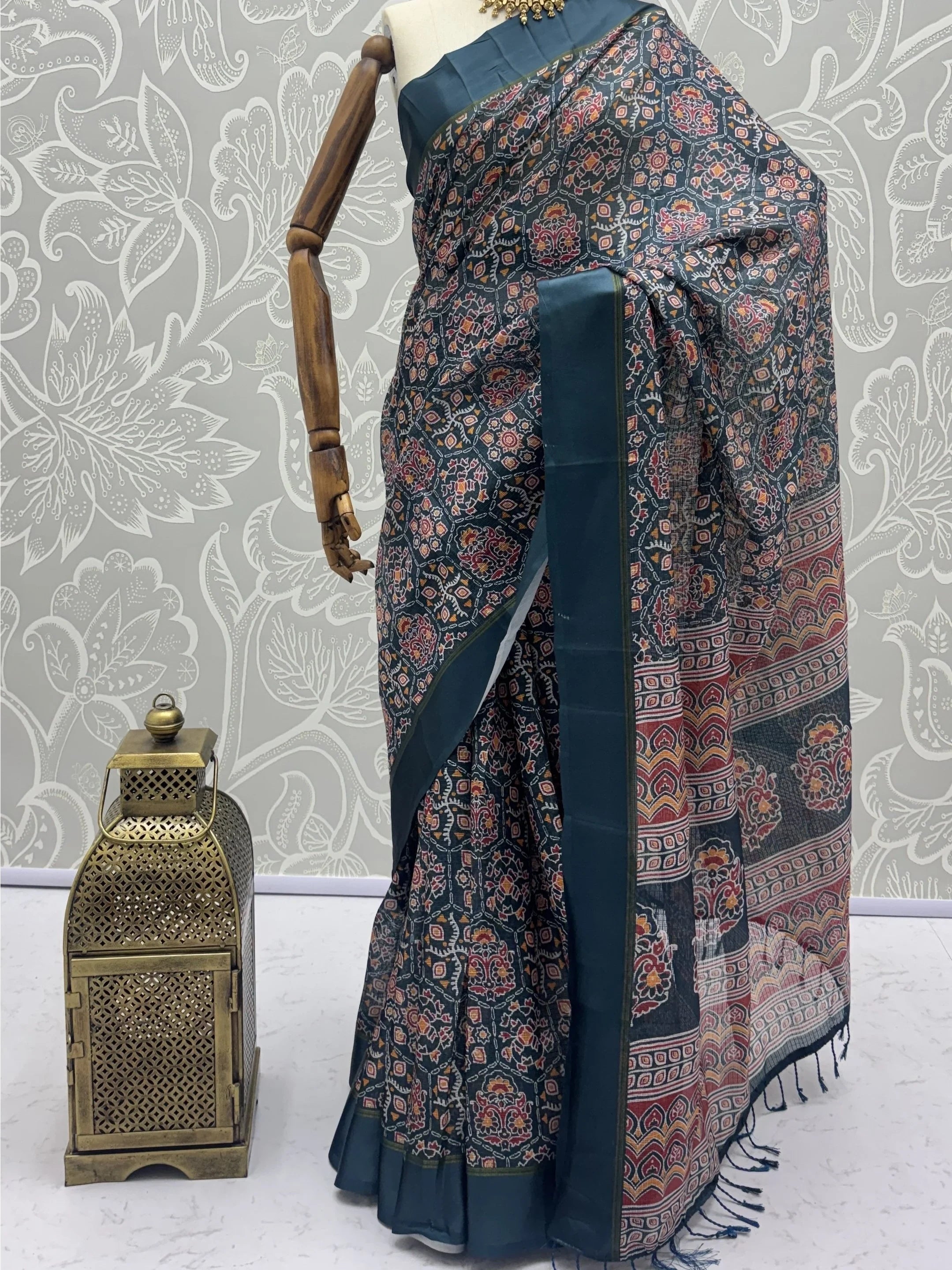 Charming Teal blue Printed Silk Festive Wear Saree With Blouse