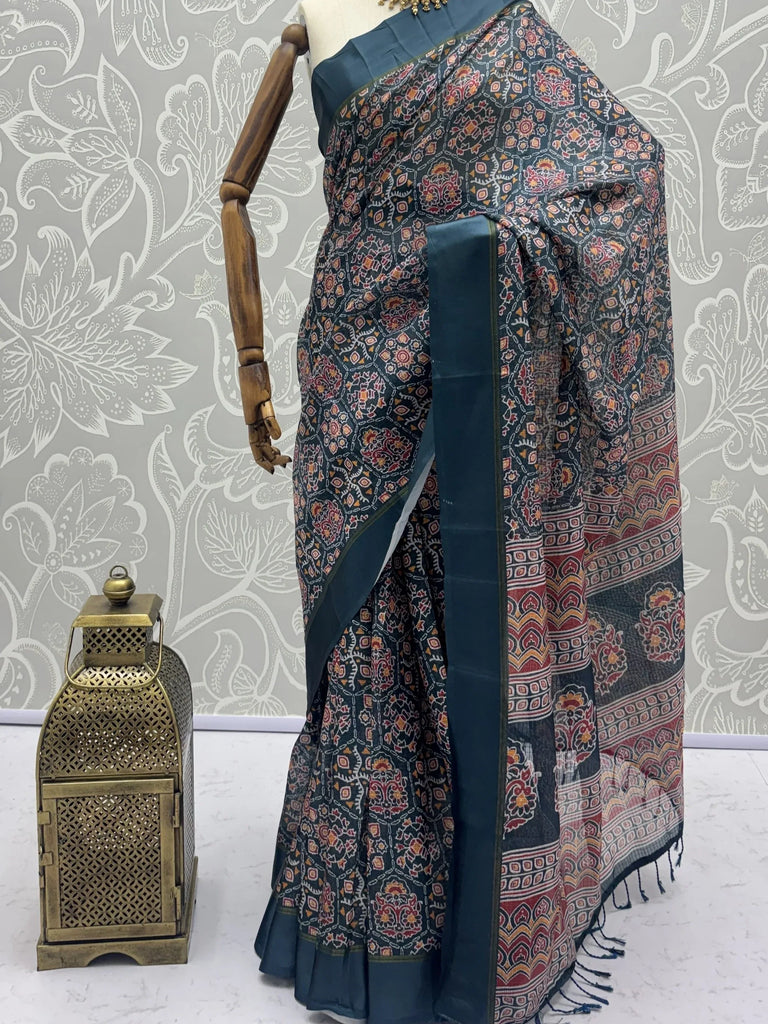 Charming Teal Blue Printed Silk Festive Wear Saree With Blouse